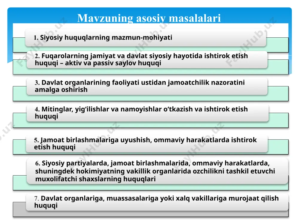 n saylanish huquqiga ega. bundan tashqari, saylov qonunlarida harbiy xizmatchilar, diniy arboblar uchun ham qonun doirasida cheklashlar o‘rnatilgan. siyosiy huquqlarni amalga oshirishda o‘rnatiladigan ayrim cheklashlar boshqa xorijiy mamlakatlar qonunchiligida ham mavjud. siyosiy huquqlar fuqarolarning davlat va jamiyat ishlarida ishtirok etishini ta’minlaydi. konstitutsiyaning 32-moddasida: “o‘zbekiston respublikasining fuqarolari jamiyat va davlat ishlarini boshqarishda bevosita hamda o‘z vakillari orqali ishtirok etish huquqiga egadirlar. bunday ishtirok etish o‘zini o‘zi boshqarish, referendumlar o‘tkazish va davlat organlarini demokratik tarzda tashkil etish, shuningdek, davlat organlarining faoliyati ustidan jamoatchilik nazoratini rivojlantirish va takomillashtirish yo‘li bilan amalga oshiriladi”, – deb belgilangan. jahon mamlakatlari tajribasida fuqarolarning jamiyat va davlat taraqqiyotiga ta’siri turli shakllarda amalga oshiriladi. fuqarolar voqea-hodisalarga ta’sir etuvchi vositalarga erishish uchun uzoq vaqt kurash olib borishgan, natijada, ularga miting, namoyish, yig‘ilish o‘tkazish huquqi berilgan. o‘zbekiston konstitutsiyasida ham demokratiyaning ajralmas xususiyatlaridan bo‘lgan va fuqarolar faoliyatini ta’minlovchi miting, namoyish, yig‘ilish o‘tkazish huquqi mustahkamlab qo‘yilgan. 33-moddada: “fuqarolar o‘z ijtimoiy faolliklarini o‘zbekiston respublikasi …