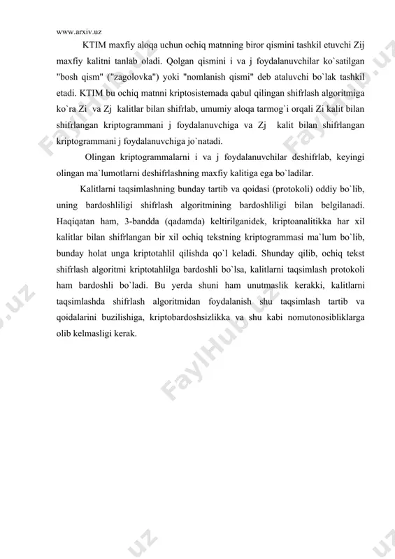 kelmasligi kerak. rsa algoritmi bo`yicha kalitlarni taqsimlash protokoliga xulosaviy izohlar banklar tizimida qaysi shaxs qaysi shaxs bilan o`zaro to`lov amallari bajarganligini bank bilmasligini ta`minlovchi rsa bir tomonli funksiyasiga asoslangan tartib va qoidalarni boshqarish kriptosistemasi mavjud. bu kriptosistemani kalitlarni taqsimlash tartib va qoidalarini boshqarish kriptosiyetemasi uchun ham qo`llash mumkin. tartib va qoidalarni boshqarish masalalari, kriptosistemalariga doir kriptologik ilmiy izlanishlar hozirda zamonaviy, bardoshli kriptografik sistemalarni yaratishda keng va jadal rivojlanib bormoqda. bu sohada rsa bir tomonli funksiyasidan foydalanishning qulayligi o`zini har tomonlama oqlab kelmoqda. rsa algoritmini qo`llanishiga doir kichik bir misol keltiramiz. misol: uchta xarfdan iborat bo`lgan "sav" ma`lumotini shifrlaymiz. biz qulaylik uchun kichik tub sonlardan foydalanamiz. amalda esa mumkin qadar katta tub sonlar bilan ish ko`riladi. tub bo`lgan rq3 va qq11 sonlarini tanlab olamiz. ushbu nqpqq3*11q33 sonini aniqlaymiz. sungra, sonini topamiz, hamda bu son bilan 1 dan farqli biror umumiy bo`luvchiga ega bo`lmagan d sonini, misol uchun dq3 sonini olamiz. yuqorida …