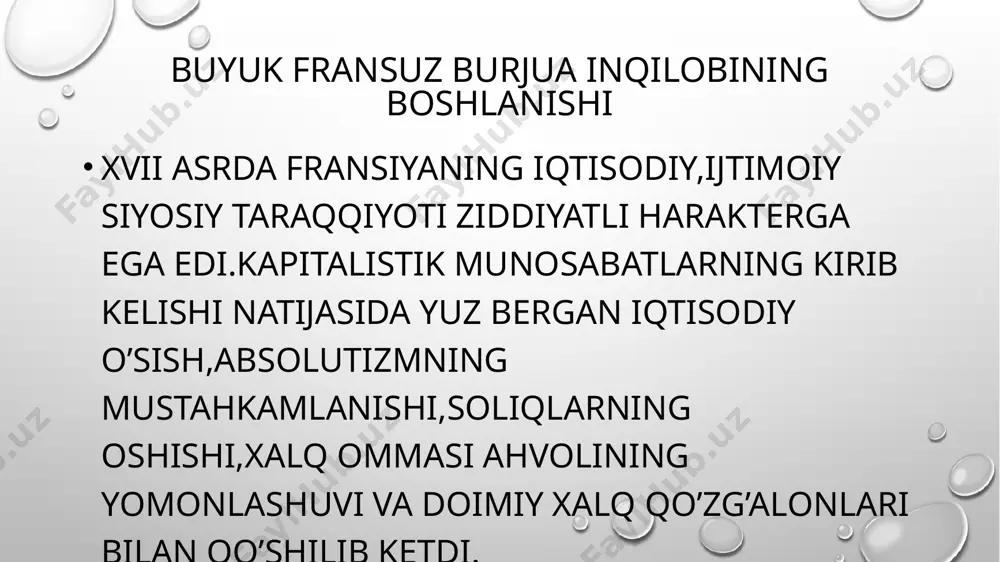 etdi. royalistlar yakobinchilar jirondachilar qirolning taxtdan ag’darilishi va respublikaning e’lon qilinishi 1791-yil yangi qonun chiqaruvchimajlis o’z ishini boshladi.u avstriyaga qarshi urush e’lon qildi.fransuzlar belgiyaga ham qo’shin kiritdi,bunga javoban avvstriyaliklar va prusslar fransiyaga bostirib kirdi hamda bir nechta qal’ani egallab oldi.fransiyaga qarshi urushga angliya ham qo’shildi.1792-yil 22-sentabrda konvent monarxiyani bekor qildi va fransiyada respublika o’rnatish to’g’risida dekret ham qabul qildilar. konventning qaroriga binoan,1793-yil yanvarda qirol lyudovik xvi qatl qilindi fransiyada hokimiyat yakobinchilarga va ularning yo’lboshchilari –robespyer,marat va dantonga o’tdi. ular shavqatsiz terror boshqaruvini o’rnatdilar.jirondachi deputatlar qatl qilindi.aksilinqilobchilar esa qamoqdan tashqariga olib chiqilib otib tashlandi.yakobinchilarning shavqatsizligi chegarasiz,ayovsiz va ma’nosiz edi.konventda robspyer va uning tarafdorlariga qarshi fitna yetilib borardi.1794-yil 27-iyulda robespyer konventda gulduros qarsaklar bilan qamoqqa olindi.ular qonundan tashqari deb e’lon qilindi.kommuna bekor qilindi. . 1795-yilgi konstitutsiya inqilobning barcha antilfeodal yutuqlarining qonuniyligini tasdiqladi.yangi konstitutsiya monarxiya tarafdorlarini kuchaytirib yubordi.ular konventga qarshi isyon ko’tardi.artilleriya yordamida isyonchilarni tor-mor qilgan general napaleon banopart konventning xaloskoriga aylandi . …