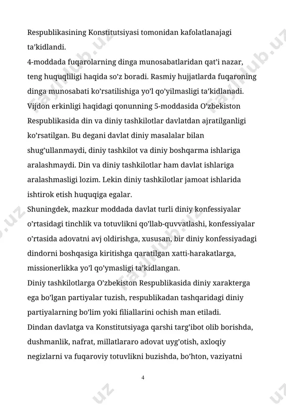 a olganidan keyin faoliyat ko’rsatish huquqiga ega bo’ladi. oliy va o’rta diniy o’quv yurtlarida ta’lim olish uchun fuqarolar o’zbekiston respublikasining «ta’lim to’g’risida»gi qonuniga muvofiq umumiy majburiy o’rta ta’lim olganidan keyin qabul qilinadi. diniy ta’lim beruvchilar maxsus diniy ma’lumoti bor kishilar bo’lib, bolalarni o’qitish uchun diniy boshqarmaning yoki markazning ruxsatnomasiga ega bo’lishi kerak. xususiy diniy ta’lim berishga yo’l qo’yilmaydi. bu qonun-qoidalarni buzganlar qonun oldida javobgardirlar. diniy tashkilotlar diniy ta’lim olish uchun fuqarolarni chet elga yuborishlari va chet el fuqarolarini ta’lim olish uchun qabul qilishlari mumkin. diniy tashkilot – bu ma’lum dinga ishonuvchilar va ularning jamoalarining uyushmasidir (masjid, cherkov, sinagoga, diniy o’quv yurtlari va h.k.). uni tashkil etish uchun unga bir xil e’tiqodga ega bo’lgan kamida 100 kishi a’zo bo’lishi kerak. o’zbekiston respublikasining har qanday fuqarosi 18 yoshga to’lganidan keyin ma’lum diniy jamiyatga a’zo bo’lishi mumkin. diniy tashkilotlar o’z mulklariga ega bo’ladilar. binolar, din bilan bog’liq buyumlar, ishlab chiqarish va xayriya ishlariga …