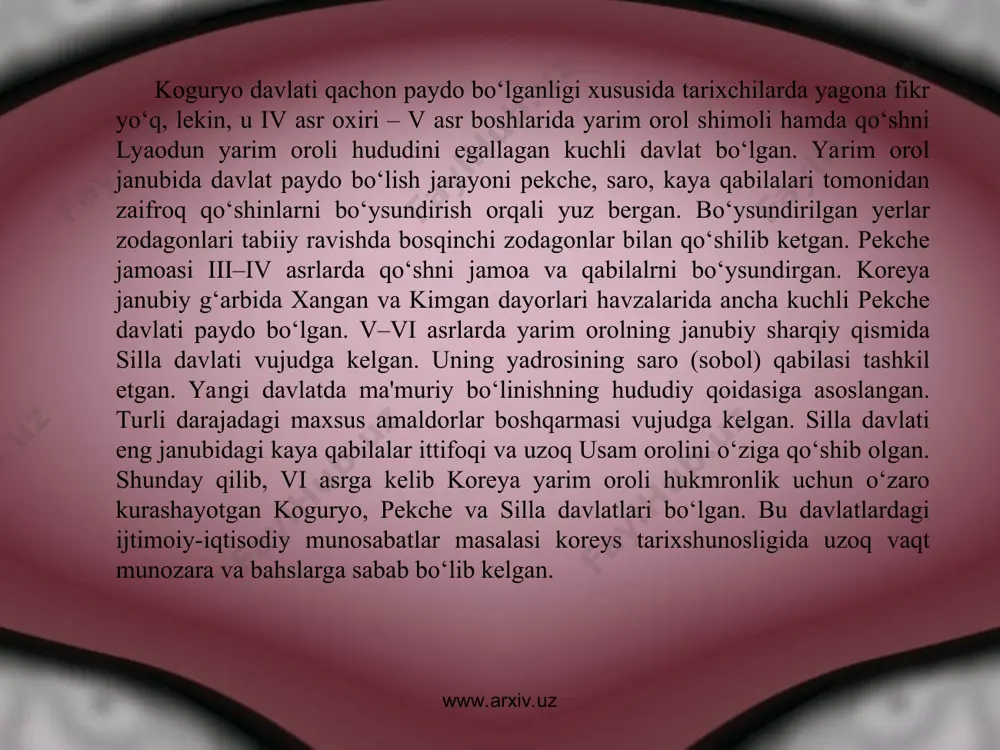 abatlari turlicha bo‘lgan. www.arxiv.uz www.arxiv.uz www.arxiv.uz www.arxiv.uz dastlab yaponlar bilan naktongan daryosi havzasidagi kayask davlatlari (yoki pyon xan qabilalari) savdo munosabatlarini o‘rnatganlar. ular yaponlarga tyemir, oltin, kumush, don mahsulotlarini sotganlar. ularning yerlarida yapon qarorgohlari vujudga kelgan bo‘lib, yaponlar u yerdan turib, talonchilik qilganlar. kayasklar bo‘lsa, ulardan silla davlatiga qarshi foydalanmoqchi bo‘lganlar. vi asr ikkinchi yarmida silla va koguryo davlatlari yaponlarni quvib chiqarib, kayasklar yerini qo‘shib olganlar. kurash davomida silla hukdorlari talonchilikning oldini olish maqsadida yaponlar bilan sulh tuzib, ularga garov tariqasida o‘z odamlari va sovg‘alarni yuborganlar. pekje hukmdorlari qo‘shnilariga qarshi kurashda yapon otryadlaridan foydalanganlar v asrda koguryo yarim orolning shimoliy qismini egallab, pekjeni qisa boshlagach, u vi asrdan kuchaygan silla bilan yaqinlashgan. 551 yili pekje va silla koguryoni xingan daryosi havzasidan siqib chiqarganlar. qaytarilgan yerni pekchedan silla olib qo‘ygan, ittifoq buzilgan. shundan so‘ng pekche koguryo va yaponiya bilan ittifoq tuzgan. bunga javoban silla–xitoy ittifoqi vujudga kelgan. vi asr oxirida (598 …