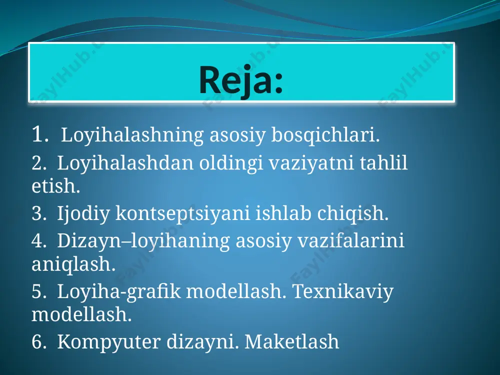 solish jarayonidir va ularni yaxlitlikka biriktirib, loyiha siymosini yaratishdir. yagona buyumlarni tarkiblanishi shakllanish deb nomlanadi. loyihalash usullari. loyiha vazifalarni eng optimal variantini qidirish jaryonida dizayner modellash va maketlash usullarni qo’llaydi. dizaynda modellash – bu bir butun ob’ektni yoki ob’ektlar tizimining vaziyatini yoki funkstional jarayonini aks etish, tasavvur etish yoki ta’riflab berish jarayondir. badiiy siymo, loyiha-grafik (eskiz yaratish), retrospektiv, konstruktiv, perspektiv, texnikaviy va kompyuter modellash usullari mavjud. loyiha-grafik modellash loyiha g’oyasini yaratishda va aks etishda yordam beradi. loyiha-grafik-modellash quyidagilarni ko’zlaydi: grafik shaklini loyiha vazifaning ma’nosiga moslaydi; eskiz loyihani variant qidiruv va tajriba harakati; qo’yilgan vazifani echish uchun loyiha qidiruvni mantiqiy ketma-ket va tizimli yondashish. dizaynda eng keng qo’llanadigan usul – retrospektiv modellash, ya’ni timsol va model o’xshashlarni tahliliga asoslangan va ushbu tahlilni asosida yangi loyiha vazifasini tashkil etish. ammo, bu usul dizaynning asosiy vazifasini bajarishga imkon bermaydi – yangi buyumlarni yaratish emas, balki mavjudlarni takomillashtirishdir. texnikaviy modellash bu bazaviy model yoki …
