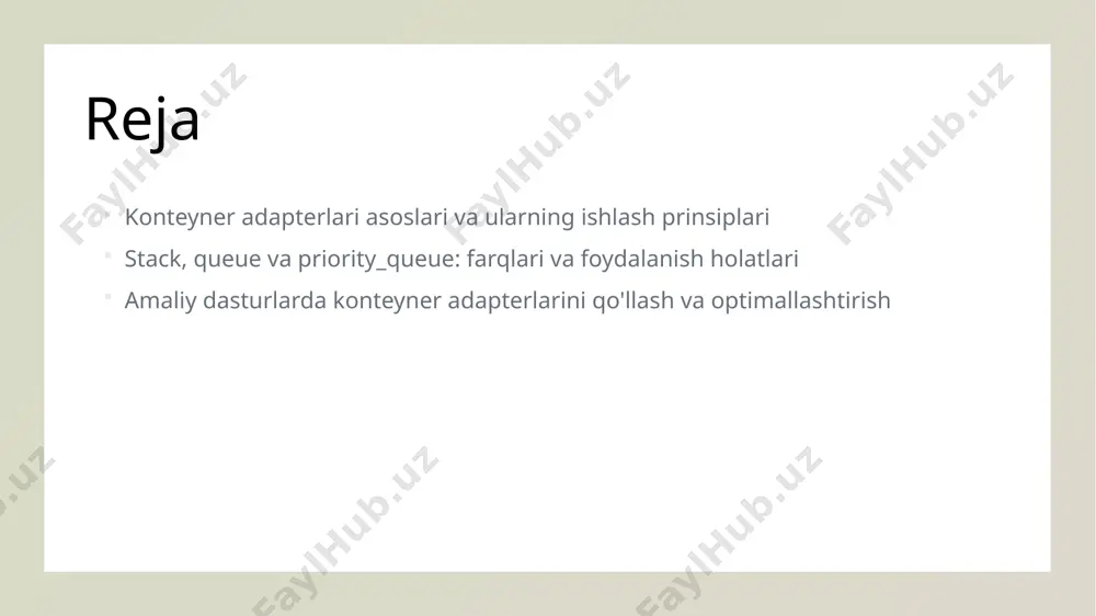 h 1 samarali ma'lumot boshqaruvi container adapterlar, masalan, stack va queue, ma'lumotlarni samarali boshqarish uchun optimal usullarni ta'minlaydi, resurslarni tejash va ishlashni tezlashtiradi. 2 xotira va vaqtni tejash ularning yordamida ma'lumotlarni to'g'ri tartibda saqlash va qabul qilish orqali, dastur ishlash vaqtini qisqartirish va xotira foydalanimini optimallashtirish mumkin. 3 moslashuvchanlik va kod soddaligi container adapterlar, kodni soddalashtiradi va kengaytiriladigan qilishga yordam beradi, shuningdek, turli dasturlash vazifalariga moslashuvchanlik ta'minlaydi. 4 ishlab chiqish va debug qilish ular dasturchilarga ma'lumotlarning to'g'ri ketma-ketligini nazorat qilish, xatoliklarni aniqlash va dastur xavfsizligini oshirishda qo'l keladi. stack, queue va priority queue: ishlash prinsiplari va asosiy farqlari 1 ishlash prinsiplari stack lifo (oxirgi kirgan birinchi chiqadi), queue fifo (birinchi kirgan birinchi chiqadi), priority queue esa elementlarni ustuvorlik bo‘yicha tartiblaydi. har biri muhim ma'lumotlarni boshqarishda ishlatiladi. 2 asosiy farqlar stack oxirgi elementni birinchi olib chiqadi, queue esa bosqichma-bosqich tartibda ishlaydi, priority queue esa ustuvorlikka asoslangan, eng yuqori prioritetli element birinchi. …