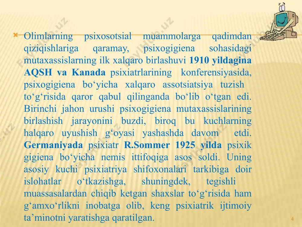 ish xizmatini kengaytirish maqsadga muvofiqdir. ayollarga maslahat berish joylarida bola rivojlanishining o‘ziga xos tomonlari va bola nerv-psixik taraqqiyotida og‘ishlarning oldini olish choralarini o‘z ichiga olgan parvarish qilish qoidalari haqidagi tibbiyot bilimlarini targ‘ib qilish masalasini o‘z ichiga olgan ota-onalar maktablarini ochish zarur. 11 so‘nggi yillarda keskin oshib borayotan xarakter anomaliyalari (nevropatiya va psixopatiya) asosan bolalar va o‘smirlarning o‘tish davrida shakllanib, faqat katta yoshlilarda barqaror tuzulmali ko‘rinishlarda namoyon bo‘lishini unutmaslik lozim. bundan bola organizmi rivojlanish bosqichlarining psixofiziologik tahlili va psixik buzulishlarining patogenetik asoslangan korreksion va profilaktik choralari, shuningdek o‘sib kelayotgan avlod salomatligini saqlash mumkin bo‘lgan roli yaqqol ko‘rinib turadi. 12 xulosa qilib shuni aytish mumkinki, psixogigiena psixik buzilishlar profilaktikasi va terapiyasi (korreksiyasi) o‘zaro yaqin bo‘lishi bilan birga bolalar va o‘smirlar salomatligini saqlash va mustahkamlash borasida ixtisoslashgan o‘z masalalariga ega. psixogigiena negizi bo‘lib birinchi navbatda teng huquqlilik, tarbiya, ta’lim, kasb tanlash erkinligi, mehnat, dam olish, da’volash va ijtimoiy ta’minotning boshqa shakllarini kafolatlovchi jamiyat …