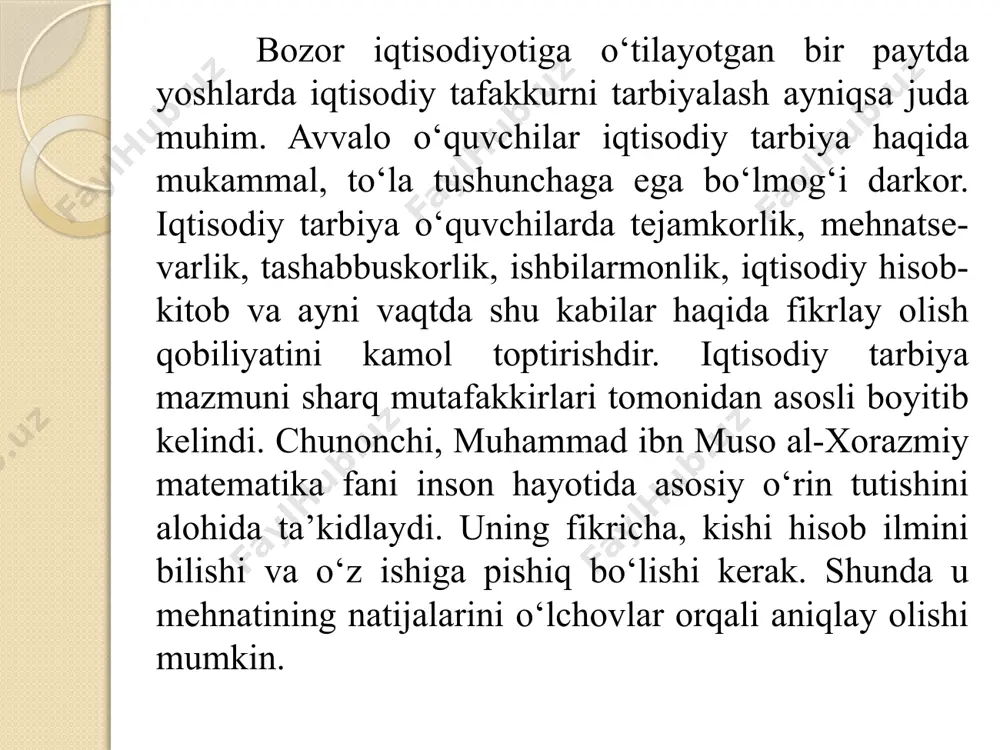 un kichik o‘quvchilarda dastlab iqtisod haqida tasavvur, tushuncha va ularni turmushda qo‘llash bilan bog‘liq ko‘nikmalarni tarkib toptirish muhim vazifa hisoblana-di. kichik o‘quvchilarning barkamol insonga xos bo‘lgan iqtisodiy bilimlari bosqichma-bosqich ular yoshining ortib borishiga bilan uzviy bog‘liq holda tashkil etiladi. iqtisodiy ong, madaniyat birdaniga tarkib toptirilmaydi. o‘quvchilarning bu sohadagi tasavvurlari bevosita ta’lim jarayonida tarkib toptirishni talab etadi. ekologik xavfsizlik muammosi allaqachonlar milliy va mintaqaviy doiradan chiqib, butun insoniyatning umumbashariy muammosiga aylangan. ekologiya hozirgi zamonning keng miqyosdagi keskin ijtimoiy muammolardan biridir. uni hal etish barcha xalqlarning manfaatlariga mos bo‘lib, rivojlanishning hozirgi kuni va kelajagi ko‘p jihatdan ana shu muammoning hal qilinishiga bog‘liqdir, - deb ta’kidlaydi i.a.karimov atoqli pedagog v.a.suxomlinskiy “bolalarga jonim fido” asarida: “men bolalar “alifbo”sini ochib, birinchi so‘zni hijjalab o‘qishlariga qadar avval dunyo-dagi eng ajoyib kitob – tabiat kitobini mutolaa etishlarini istardim” deb ta’kidlaydi. ekologiya yunoncha so‘z bo‘lib, tirik mavjudodlar-ning yashash sharti va tevarak atrofdagi muhit bilan o‘zaro munosabatlari hamda shu …