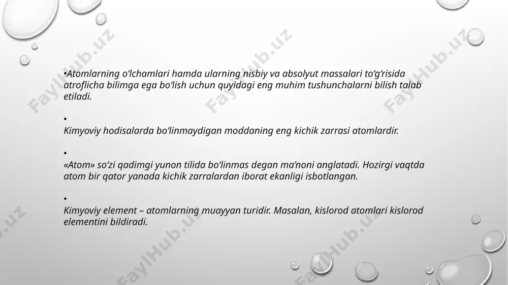 nti, elektr zaryadining saqlanish krnunlari muhim hisoblanadi. energiyaning saqlanish qonuni, impulsning saqlanish qonuni va momentning saqlanish kr-nuni hamma jarayonlar uchun umumiydir. mas, ajiblikning saqlanish qonuni, juftlikning saqlanish qonuni shunday krnunlar jumlasiga kiradi tarkibning doimiyligi qonuni — kimyoning asosiy qonunlaridan biri. kimyoviy birikma qanday usudda olinmasin bir xil elementlardan tarkib topadi, ularning massasi oʻzgarmas nisbatda boʻladi. mas., suv massasiga koʻra 11,11% vodorod (h) va 88,89% kislorod (o) dan iborat. mol. m. 18,016 ga teng. bu h2o formulasi bilan ifodalanib, bunda 2 atom vodorodga 1 atom kislorod toʻgʻri keladi (qarang kimyoviy formulolar).7.d,.q.nm 1809-yilda fransuz kimyogari j. prust kashf etgan. tarkibning doimiyligi qonuni gazsimon va suyuq moddalargagina qoʻllanadi. kristall moddalar tarkibi o'zgarmas, ham oʻzgaruvchan boʻlishi mumkin. tarkibi oʻzgarmas birikmalar daltonidlar, tarkibi oʻzgaruvchan birikmalar esa bertollidlar deb ataladi (qarang daltonidlar va bertollidlar). koʻpchilik birikmalar, jumladan deyarli barcha organik birikmalar daltonidlar ga mansubdir. xviii asr oxirida 25 ta element ma'lum bo'lib, xix asrning birinchi choragida …