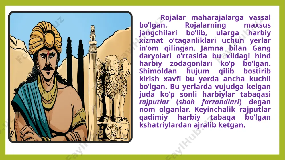 xarakterli xususiyati – shahar hayotining ancha intensiv rivojlanishidir. qadimgi davrlardayoq mavjud bolgan shaharlar qatoriga sultonlar va ularning nabiralari feodallarning qarorgohi sifatida vujudga kelgan ko’pgina yangi shaharlar qo’shilgan. dehli shahrining o’zi ana shunday feodal-poytaxt shahri uchun misol bo’la oladi. bu yerda juda ko’plab saroy ahli va xizmatchilari, askarlar, amaldorlar va shu singarilardan tashqari, ko’pgina hunarmandlar va savdogarlar yashab, ular sulton saroyi hamda poytaxtdagi boshqa feodallarning iqtisodiy ehtiyojlarini qondirganlar. orta va mayda hind feodallari rojaputlar va boshqalar qisman meros bolib qolgan feodal mulkchiligi huquqi asosida, qisman harbiy xizmatni o’tab turgan paytda vaqtincha beriladigan in'om tariqasida yerga egalik qilardilar. vaqt o’tishi bilan kelgindi iqtadorlar ham yerning merosxor egalariga aylanib bordilar, ammo bu jarayon xiv asrning oxirigacha ham tugallanmagan. yerlarning katta qismi har ikkala din mahalliy, hind dini (eski ibodatxona yer egaligi) hamda yangi, musulmon (vaqf yerlari) dinidagi ruhoniylarning qolida bolgan. xiii–xvi asrlarda hindistonda feodal tuzumi o„ziga xos tarzda rivojlangan. bir tomondan, hindistonda musulmon …