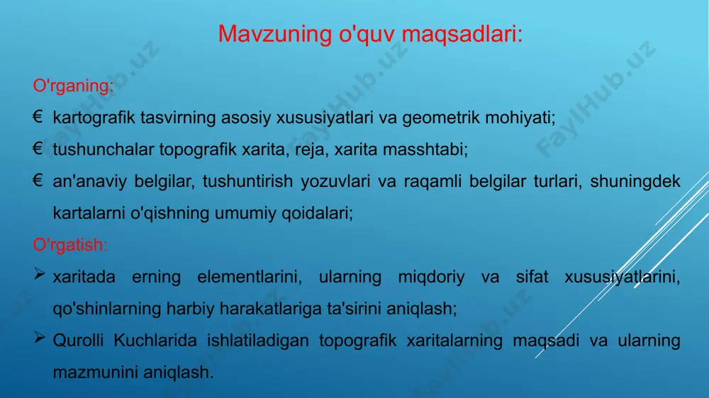kichik maydonining tekisligida shunday qisqartirilgan, aniq va batafsil tasvir topografik reja yoki oddiygina reja deb ataladi. keng tekislikdagi bo'shliqlarni samolyotda aks ettirishda u yoki bu kartografik proektsiyadan foydalanib, tekislangan yuzaning egriligini hisobga olish kerak. butun er yuzining yoki uning muhim qismining bunday tasviri,har qanday proektsiyada tekislikda qilingan, ya'ni ilgari chizilgan kartografik panjara bo'yicha tuzilgan, xarita deyiladi.yerning sirtini, shu jumladan dengizlar va okeanlarni tasvirlaydigan xaritalar geografik deb nomlanadi. biroq, amalda haqiqiy geografik xaritalar - ham relyef, ham mahalliy ob'ektlar. faqat kichikroq masshtabdagi xaritalar kiritilgan bo'lib, ularga er yuzining barcha chiziqli o'lchamlari million martadan ko'proq qisqartirilgan; 1: 1 000 000 va undan kattaroq masshtabdagi, yer yuzini batafsil tasvirlaydigan xaritalar topografik deb nomlanadi. topografik xaritalarda, ayniqsa kattaroq masshtabli xaritalarda, o'lchov ruxsat bergan maksimal aniqlik va to'liqlik bilan, hududning barcha tafsilotlari - ham relyef, ham mahalliy narsalar tasvirlangan. ...ilgari chizilgan kartografik tarmoqdan tuzilgan xarita deb nomlanadi.yer yuzasini, shu jumladan dengizlar va okeanlarni tasvirlaydigan barcha …