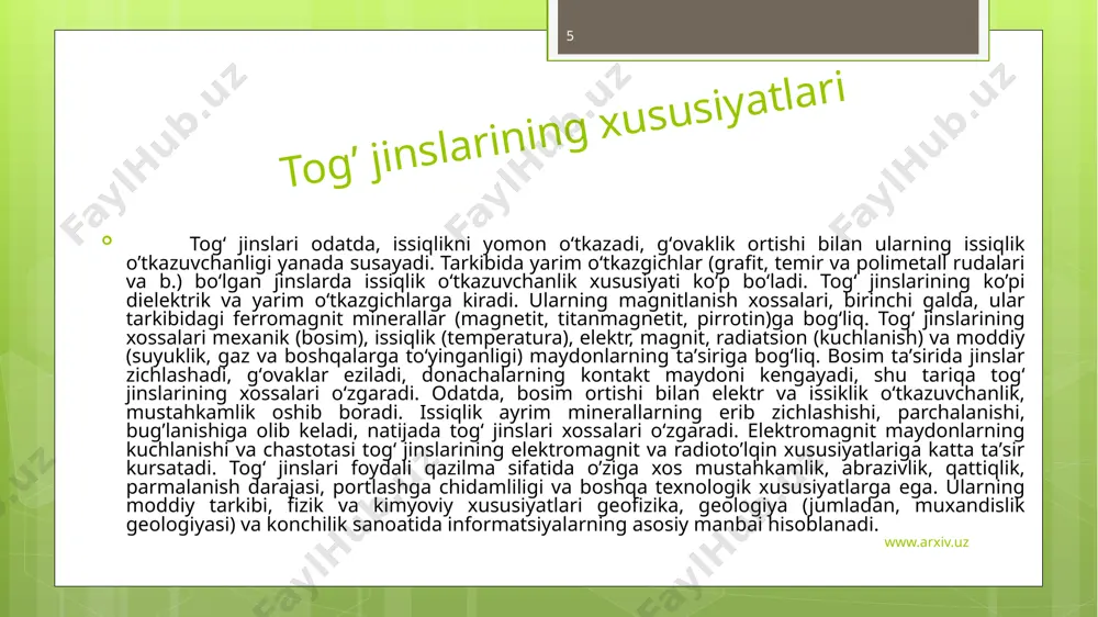 u zonada bosim faqat yuqoridan bo’ladi va jinslar slanetsli strukturaga aylanadi. о’rtacha bosim va xaroratga ega bo’ladi. bu zonada yuqoridagi gidroksidli minerallardan tashqari, disten, stavrolit, almandin, pirop, plagioklaz uchraydi. slanetsli strukturaga ega bo’ladi, lekin bu struktura epizonaga nisbatan kuchliroq bo’ladi мetamorfizm jarayoni yuqori gidrostatik bosim va xaroratda (minerallar erish nuqtasiga yaqin bo’ladi) o’tadi. jinsda slanetsli tekstura kamayadi, jins plastik xolatga keladi. sillimanit, almandin, piroksen, olivin, pirop, kordiyerit, shpinel, anortit, albit, dalashpati, biotit egiren, andaluzit, vezuvian va boshqalar ko’p uchraydigan minerallardir. metamorfik jinslar gnyeys о’ta qattiq tog’ jinsi bo’lib, kvarts, dala shpati va slyudaga boy, rangi va mineral tarkibiga ko’ra granitga o’xshab ketadi. tarkibidagi minerallarga qarab biotitli, amfibolli, piroksenli, granatli va boshqa gneys turlar bo’ladi, rangi kulrang-pushti, kulrang-sarg’ish bo’ladi. slanyetslar сho’kindi xamda magmatik jinslarga katta bosim va xarorat ta'sir etganda hosil bo’ladi. ular slanetssimon (varaksimon) yoki yo’l-yo’l teksturasi bilan xarakterlanib, yupqa qatlamlardan iborat. mineral tarkibiga qarab slyudali, xloritli, talkli, gilli, kremniyli, …