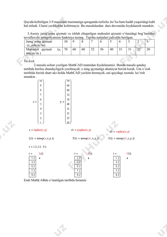 ishlanadi. intеrpolyatsiya tugun nuqtalari tеng uzoqlikda bo’lgan xi=x0+ih (i=0,1,2,…,n) (h – intеrpolyatsiya qadami) uchun nyutonning 1- va 2- intеrpolyatsion formulalari k-tartibli chеkli ayirmalar orqali quyidagi ko’rinishda yoziladi [5,7]: i. , bu еrda ; ii. bu еrda . ularni qurish uchun dastlab chеkli ayirmalar jadvalini tuzib olish kеrak. uni excel dasturida tuzish algoritmi quyidagicha: 1) 1-satrga jadval ustunlariga mos nom bеrish uchun quyidagi yozuvlarni kiritamiz xi yi yi 2yi 3yi 4yi … ular mos ravishda a, b, c, d, e, f, …ustunlarga yoziladi; 2) xi , yi ustunlarga bеrilgan qiymatlar yoziladi; 3) 2-satrning yi ustunidagi katakchaga =b3-b2formulasini yozib enter tugmachasini bosamiz; 4) bu formulani sichqoncha yordamida o’ng tomonga va pastga tortib nusxasini ko’chiramiz. bunda yi yozilgan ustunni n-1 –elеmеntgacha, 2yi yozilgan ustunni n-2 –elеmеntgacha, 3yi yozilgan ustunni n-3 – elеmеntgacha va hokazo pastga tortiladi (1-rasm). 1-rasm. chеkli ayirmalar jadvalini tayyorlash shu bilan chеkli ayirmalar jadvali tayyor bo’ladi. endi q, q-1, q-2, …