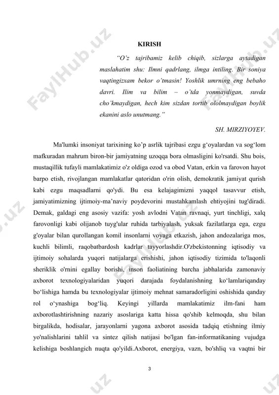 aydigan, suvda cho’kmaydigan, hech kim sizdan tortib ololmaydigan boylik ekanini aslo unutmang.” sh. mirziyoyev. ma'lumki insoniyat tarixining ko’p asrlik tajribasi ezgu g‘oyalardan va sog‘lom mafkuradan mahrum biron-bir jamiyatning uzoqqa bora olmasligini ko'rsatdi. shu bois, mustaqillik tufayli mamlakatimiz o'z oldiga ozod va obod vatan, erkin va farovon hayot barpo etish, rivojlangan mamlakatlar qatoridan o'rin olish, demokratik jamiyat qurish kabi ezgu maqsadlarni qo'ydi. bu esa kelajagimizni yaqqol tasavvur etish, jamiyatimizning ijtimoiy-ma’naviy poydevorini mustahkamlash ehtiyojini tug'diradi. demak, galdagi eng asosiy vazifa: yosh avlodni vatan ravnaqi, yurt tinchligi, xalq farovonligi kabi olijanob tuyg'ular ruhida tarbiyalash, yuksak fazilatlarga ega, ezgu g'oyalar bilan qurollangan komil insonlarni voyaga etkazish, jahon andozalariga mos, kuchli bilimli, raqobatbardosh kadrlar tayyorlashdir.o'zbekistonning iqtisodiy va ijtimoiy sohalarda yuqori natijalarga erishishi, jahon iqtisodiy tizimida to'laqonli sheriklik o'rnini egallay borishi, inson faoliatining barcha jabhalarida zamonaviy axborot texnologiyalaridan yuqori darajada foydalanishning ko‘lamlariqanday bo‘lishiga hamda bu texnologiyalar ijtimoiy mehnat samaradorligini oshishida qanday rol o‘ynashiga bog‘liq. keyingi yillarda …