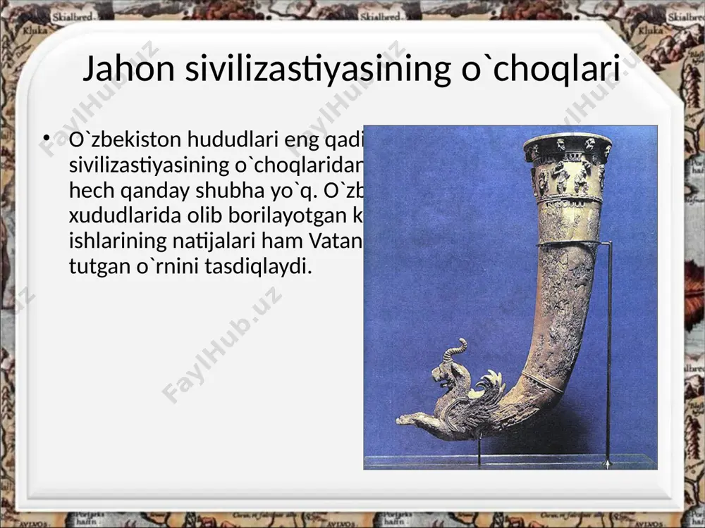 bo’lgan. bu karnizlarda akanf barglari orasida yarim beligacha tasvirlangan qo’shnay, nog’ora (baraban), lyutna (g’ijjakka o’xshash musiqa asbobi) va arfa chalayotgan sozandalar tasvirlangan. o’rta osiyoda buddizm o’rta osiyoda buddizmning tarqalishi bevosita haykaltaroshlikda ham ifodalangan. budda va boshqa diniy personajlarning haykallari ibodatxonalarning oldi va ichkari qismidan uz o’rnini egalladi. bu haykallarning ishlanish printsiplari hindistonda yaratilgan kanonlarga asoslangan. dalvarzintepa va qoratepadagi (surhondaryo tum.) buddizm ibodatxonalaridan topilgan ganch haykallar ham yuqorida ko’rilgan xususiyatlarga ega. bu haykallar natural kattalikda ishlangan va real xarakterga egadir. haykaltarosh mahalliy tiplarning o’ziga xos tomonlarini ko’rsatishga harakat qiladi. bu ularning ko’rinishi soch tarash va kiyinishlarida seziladi. o`rta osiyo sivilizastiyasi qoratepada olib borilgan arxeologik ishlar buddizm bilan bog’liq me’morlik kompleksining ochilishini ta’minladi. bu erda arxeologik ishlar davom etmoqda. ochilgan g’or ibodatxonalarning bezatilishi, u erda mavjud bo’lgan haykal va devoriy suratlar diqqatga sazovordir. jumladan, noma’lum rassom tomonidan ishlangan devoriy suratlarda fazoviy kenglikni ifodalashga, hajmimi tasvirlashga intilish seziladi. ayniqsa, metall buyumlar yasash va …
