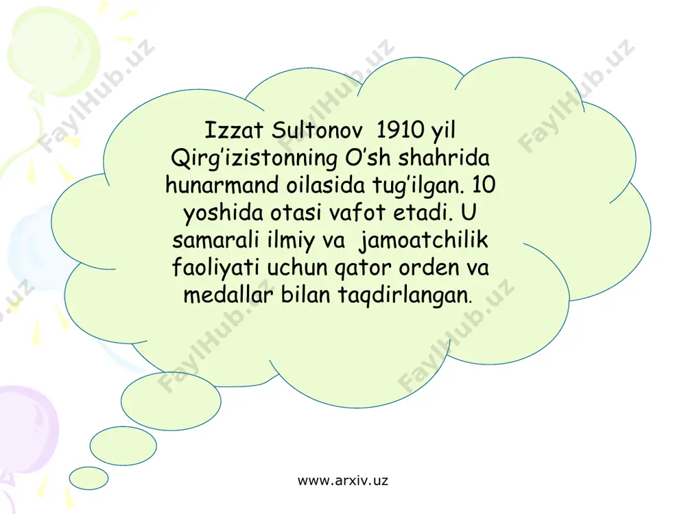 mdagi asar, ham tilini tushunish, o’zlashtirish qiyinchiliklari bor edi. www.arxiv.uz www.arxiv.uz ilmiy asarlari www.arxiv.uz “adabiyot nazariyasi” “navoiyning qalb daftari” “bahouddin naqshband abadiyati” www.arxiv.uz www.arxiv.uz hammualliflikdagi ilmiy asarlari “o’zbek adabiyoti masalalari” “adbiyot nazariyasi” 2-jild “o’zbek sovet adabiyoti tarixi” “o’zbek adabiy tanqidi tarixi” www.arxiv.uz beruniy nomidagi o’zbekiston davlat mukofoti laureati(1970), “shuhrat” medali bilan mukofotlangan(1992). izzat sulton 2001-yil 29-iyulda toshkent shahrida vafot etgan. www.arxiv.uz www.arxiv.uz