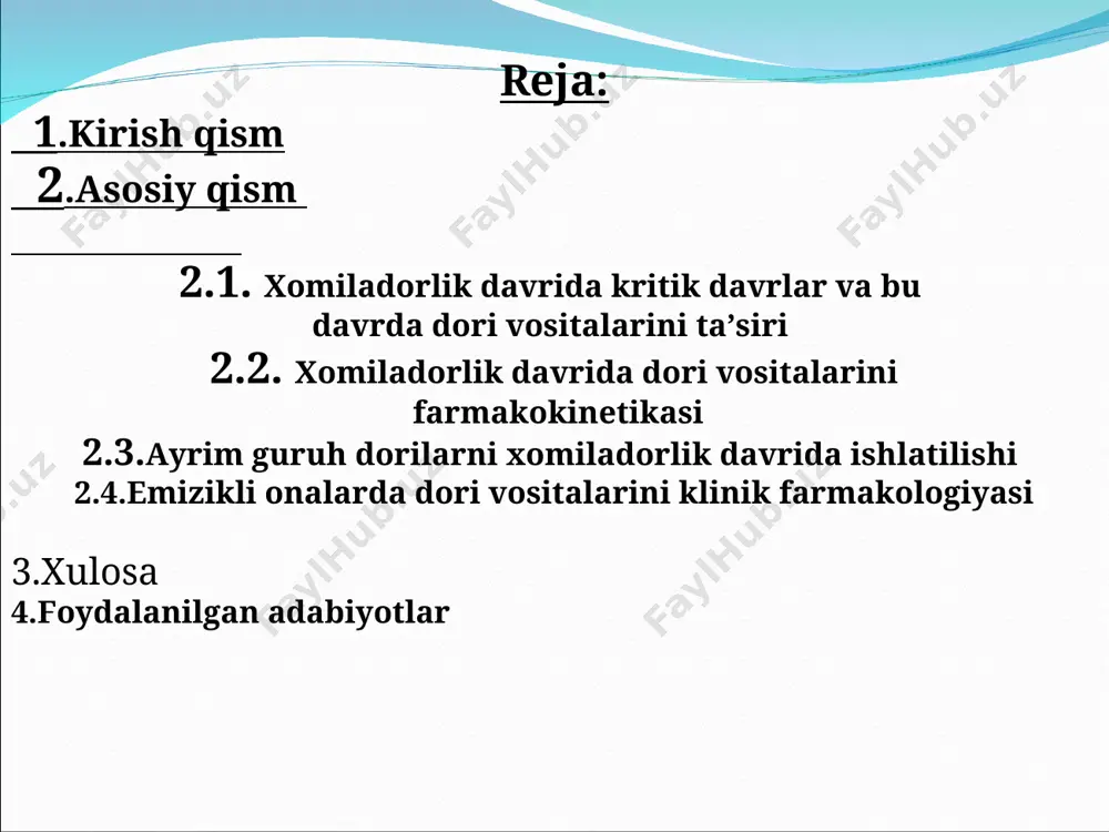 ojlanishini 2-xaftasi emriogenez va organogenez davr xomilani 3-xaftasidan 3-4 oyigacha fetogenez davr xomilani 4-oyidan tug’ilgunga qadar davr xomila rivojlanishida xomilaga xavf soluvchi dori vositalarini qo’llash natijasida xomila rivojlanishida o’ziga xos 3ta kritik (qaltis) davr bo’ladi : i kritik davr (blastogenez davrda ) –bu davrda qo’llangan dorilar xomilaga embriotoksik ta’sirga ega.yuqori xavfga ega hisoblanib,homila rivojlanmasligi va embrionni o’limiga sabab bo’ladi ii kritik davr (embriogenez davrda ) – bu davrda dori moddalar qo’llanilinsa,teratogen va embriotoksik ya’ni xomilaga toksik ta’sirga ega.xomilani o’limiga olib kelmasa ham xomilada tug’ma anomaliya va tug’ma parok va majruxlikka sabab bo’lishi mumkin. iii kritik davr (fetogenez davrda) –bu davrda onaga yuborilgan dori vositasi ta’sirida xomilaga fetatoksik ta’sirga ega boladi,keyinchalik bolani tug’ilgandan keyin tashqi muhitga moslashishini susaytirishi mumkin.shu bilan birga bolani bosh ,miyada bioelektrik o’zgarishlarga olib keladi,gemapoez,periferik nevr sistemasi,endokrin sistemada buzilishiga sabab bo’ladi. dori vostalarini embriotosik va teratogen xavfi darajasiga ko’ra 3 guruhga bo’linadi: 1.yuqori darajada xavfli dorilar:bunday dorilar xomilani …