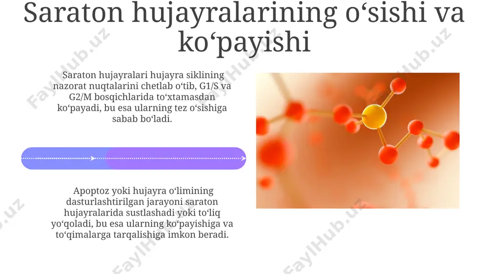 oʻlimini qoʻzgʻatishi mumkin. saratonga qarshi dorilarning umumiy mexanizmlari ayrim kimyoterapiya preparatlari, misol uchun, alkeliruyushie agentlar, dnk molekulalariga alkil guruhlarini qo'shib, ularning tuzilishini o'zgartirib, dnk replikatsiyasini buzadi. saratonga qarshi dorilarning 30% dan ortig'i dnk yoki rnk sintezini to'xtatish orqali, ya'ni, nuklein kislotalarining biosintezini ingibirlash yo'li bilan ta'sir ko'rsatadi. maqsadli terapiya ba'zi maqsadli terapiya preparatlari, masalan, monoklonal antitellar, o'sma hujayralarining yuzasidagi o'ziga xos antigenlarga bog'lanib, ularni yo'q qilish yoki immun tizimiga hujum qilish uchun 10-20 nanometr kattalikdagi molekulalardan foydalanadi. maqsadli terapiya o'sma hujayralarining o'sishi va ko'payishini boshqaruvchi oqsillarga, masalan, kinazalarga yoki retseptorlarga, 90% dan ortiq aniqlik bilan ta'sir qiladi, sog'lom hujayralarga zarar yetkazishni kamaytiradi. e'tiboringiz uchun rahmat @taqdimot_robot image4.jpg image5.jpg image6.jpg image7.jpg image8.jpg image9.jpg image10.jpg image11.jpg image12.jpg image13.jpg image14.jpg image15.jpg image16.jpg image17.jpg image18.jpg image19.jpg image20.jpg image1.jpeg image2.jpeg image3.jpeg
