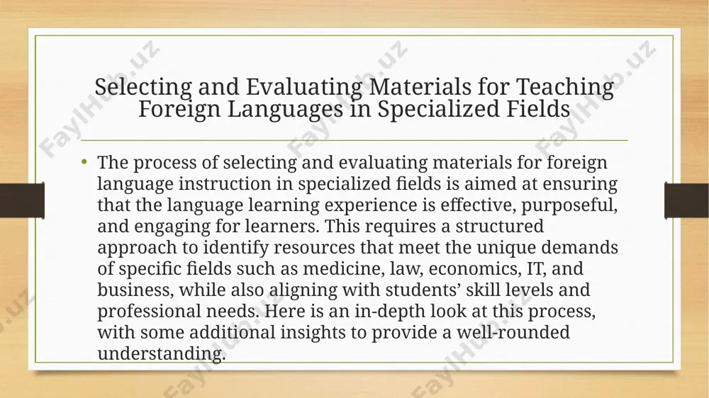 ent. field-specific texts: these may include professional texts such as business reports, medical journals, or legal documents. such materials enable learners to acquire the language and terminology used in their professional domain, facilitating their understanding of field-relevant literature. types of learning materials audiovisual resources: professionally relevant audio and video content, such as industry-specific interviews, webinars, or conferences, are beneficial for developing listening and comprehension skills. they provide learners with exposure to authentic language use in their field.interactive materials: online resources, including games, quizzes, and simulations, are highly engaging and encourage active participation in learning. this type of content can help reinforce vocabulary and concepts while making learning enjoyable. evaluation criteria for materials when selecting and evaluating materials, the following criteria are central: relevance to specialized fields: materials should align with the field’s specific needs. for instance, materials for medical professionals should focus on medical terminology and scenarios they are likely …