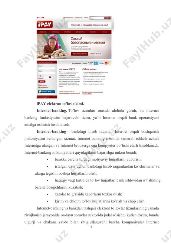 ilinadi. dunyoda to’lov kartalarining 57% visa kartalari tashkil qiladi, asosiy raqobatchilari mastercard 26% va american express 13% tashkil qiladi. mastercard worldwide – dunyoning 210 mamlakatlaridagi 22 ming moliyaviy tashkilotlarni birlashtirgan xalqaro to’lov tizimi hisoblanadi. bosh ofisi aqshning nyu-york shaxrida joylashgan. hozirgi kunda intеrnеt to’lov tizimlari to’liqligicha yuqorida kеltirilgan visa va mastercard bilan ishlash imkoniyatiga ega, ya'ni intеrnеt to’lov tizimlaridagi xamyonlarni to’ldirish yoki xamyonlardagi ishlatilmay qolgan mablag’larni qayta kartochkaga chiqarish mumkin. bank sohasidan farqli o`laroq 2006 yildan boshlab tezkor to`lovlarning bankdan tashqari sektori shiddat bilan rivojlandi (diagramma 1). ushbu jabhada paynet, e-pay, fast-pay, unipay, cyberplat kabi savdo belgilari ostida bir qancha kompaniyalar faoliyat yuritmoqda. ushbu kompaniyalar aholi uchun qulay joylarda joylashgan ko`plab agentlar tarmog`i bilan ishlaydi va aholidan uyali aloqa, internet-provayderlar, xalqaro telefon aloqa xizmatlari uchun to`lovlarni qabul qiladi. toshkent shahri bo`yicha shuningdek shahar telefon aloqasi, elektrenergiya va tabiiy gaz xizmatlari uchun to`lovlarni amalga oshirish mumkin. mazkur xizmatlarning qulayligi agentlarning ko`p …