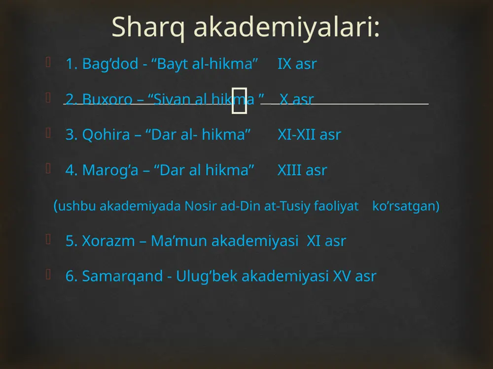 an nadim “al-fixrist” asarida akademiyani “donolar uyi” deb ataydi. ibn said al-andalusi yoki al-kalaksandiy singari boshqa olimlar "donolik uyi" atamasi yoki “hikmatlar uyi” nomiga murojaat qilishgan. masalan, hoji xalifa "dar al-hikma" nomi bilan mashhur bo'lgan boshqa nomdan foydalanadi. biroq, hikmatlar uyining turli nomlaridagi eng qiziq narsa shundaki, ularning barchasi bir xil semantik ma'noga ega: bu erda hamma bilim va donolikni topish mumkin. “bayt al-hikma” nomi tarixi   abu bakr ar roziy (865-925)- chehchak va qizamiq kasalliklarini o’rgangan. "chechak va qizamiq haqida kitob" ("kitob aljudariy valhasba") nomli asar yaratib, tibbiyot tarixida birinchi marta chechakni taʼriflab berdi. 1796 yilga kelib yevropada ingliz vrachi e. jenner chechakka qarshi emlashni taklif etdi. ------------------------------------------------------------------------------------ ali ibn abbos (994-v) saraton kasalligiga doir “kitobi al maliki” asarini yozgan. 1628-yilda william harvey tomonidan olib borilgan otopsiyalar inson anatomiyasi va fiziologiyasi haqida dastlabki hulosalarni berdi islom sivilizatsiyasi olimlari va yevropalik olimlar ilmiy izlanishlari  yevropalik olim jek risler …