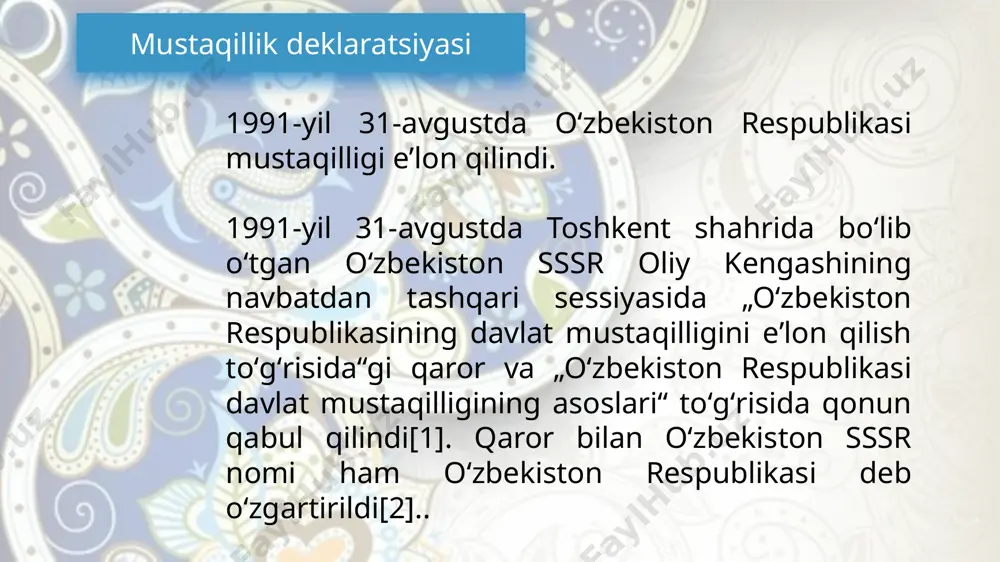 k maydonidagi anʼanaviy bayram tantanalarida oʻzbekiston, mdh davlatlari va uzoq xorijdagi barcha sub’ektlar vakillari, toshkentda akkreditatsiyadan oʻtgan diplomatlar ishtirok etdi. islom karimov maydondan yigʻilganlar va butun oʻzbekiston xalqiga yana bayramona nutq soʻzladi[13]. foydalanilgan adabiyotlar www.wikipedia.org https://tasnim.uz tasnim saytidan olindi e’tiboringiz uchun rahmat image1.png image2.png image3.png image4.png image5.png image6.jpeg /docprops/thumbnail.jpeg