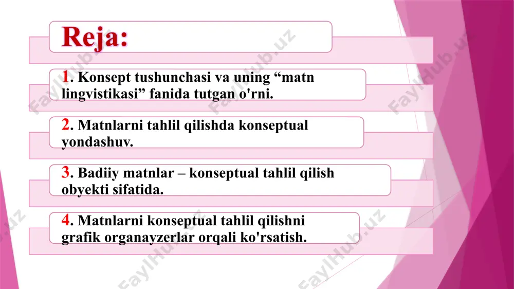 nson ongida konseptni ifodalovchi va shakllantiruvchi vositalardan biridir. konsept inson aqliy dunyosidagi madaniyatning asosiy yacheykasidir. konseptlar inson ongida nafaqat so'zning lug'aviy ma’nolari asosida, balki shaxsiy hamda butun bir xalqning madaniy-tarixiy tajribasidan kelib chiqib paydo bo'ladi. tajriba qancha boy bo'lsa, konseptning chegarasi shunchalik keng bo'ladi. aynan shunday holatda konsept o‘zini har tomonlama namoyon eta oladi. zotan, konsept dunyoni bilish hamda u haqida o‘z tasavvuriga bo‘lish demakdir. konseptlar xalqning ongida jamoa merosi sifatida, uning ma’naviy mulki, madaniyati sifatida namoyon bo‘ladi. n.n.boldirevning ta’kidashicha, konseptlar til kategoriyalari shakllanishining asosida yotadi. shunga ko'ra til birliklari va til kategoriyalari ma’nolarini kognitiv semantika doirasida tadqiq qilish konseptual analiz metodi asosida amalga oshiriladi. konseptual analiz til birliklari va shakllarida ifodalangan dunyoni anglash, tushunish, fikrlash, bilish usullarini o'rganishni taqozo qiladi. bunda ma’nolar so'zlar, so'z birikmalari, jumlalar va, umuman, matnlar bilan ifodalanishi mumkin. konseptual analiz konseptlar mazmunini va bu bilan bir qatorda yashirin, assotsiativ va b. konseptual xarakteristikalarni aniqlaydi. n.tixonovaning …