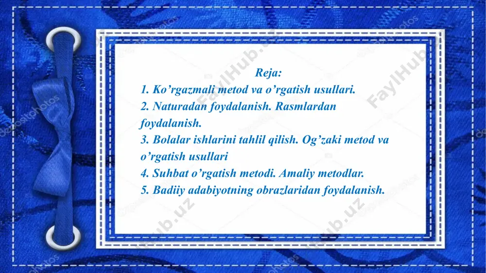 r bilan birgalikda qismlarga ajratib ko’rib chiqadi, bunda u tahlil jarayonini osonlashtirib, o’z so’zlari, harakatlari bilan yo’naltiradi. bunday ko’nikmalar bolalarda 5-6 yoshda rivojlana boshlaydi. bu yoshda bolalar tasvirlayotgan ishlarini naturaga nisbatan taqqoslashga urinadilar mashg’ulotda predmetlarni ko’rib chiqish. kichik va o’rta guruhlarda ko’pincha mashg’ulot boshida alohida predmetlar ko’rsatiladi. bolalar diqqatini topshiriqqa qaratish va tasavvurlarini jonlantirish maqsadida bolalarga koptok, lenta (tasma), belkurak va shu kabilar ko’rsatiladi. mashg’ulotning qolgan vaqti mobaynida esa, bolalar o’z tasavvurlari asosida chizadilar. . katta guruhda ham predmetlarni ko’rib chiqish uchun imkon bo’ladi. masalan: “uch ayiq” ertagi mavzusi bo’yicha rasm chizishdan yoki buyum yasashdan avval, tarbiyachi bolalarga o’yinchoq ayiqni ko’rib chiqishni, predmet shaklining asosiy xususiyatlarini va ayrim qismlarning proportsiya nisbatlarini aniqlashni, so’ng predmetning burilishiga nisbatan shu ayrim qismlarning o’zgarishini kuzatishni taklif qiladi. namunadan foydalanish. namunadan foydalanish ko’proq o’rgatish usuliga taalluqlidir. bolalarning umumiy estetik didlarini oshirish uchun chiroyli predmetlarni tomosha qildirish kerak. masalan: gilamlar, vazalar, kashtachilik va hokazo. dekorativ rasm …