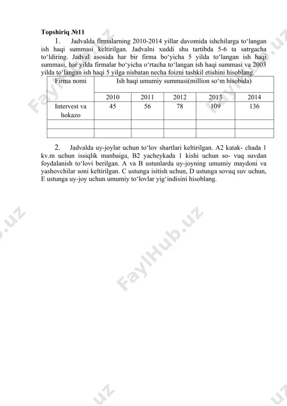 sh sohalari) 4. topshiriq taqdimotini tayyorlash nazorat savollari 1. microsoft word dasturida jadvallar bilan ishlash haqida ma’lumot bering 2. operatsion tizimning tizimli papkalari, vazifalari va interfeysi haqida ma’lumot bering. 3. fayllar tizimini asosiy operasiyalari: fayllar tizimini navigasiyasi; dasturni yuklash, xujjatni ochish; papka yaratish; fayl va papkalarni nusxalarini yaratish, siljitish, qayta nomlash va yorliqlar tuzish haqida ma’lumot bering. foydalanilgan adabiyotlar ro'yxati 1. kenjaboyev a.t., ayupov r.x., raximov n.r., ikromov m.m. axborot-kommunikatsiya texnologiyalari. o‘quv-uslubiy qo‘llanma. – t.: tmi, 2012.-344b. 2. мельников п.п. компьютерные технологии в экономике. учеб.пособие. – м.: кнорус, 2012. – 224с. 3. g’ulomov s.s., xodiyev b.yu., begalov b.a. informatika va axborot texnologiyalari. darslik. – t.:2010y.-765 bet. 4. ayupov l.f., begalov b.a., va boshq. kompyuterlar va ulardan samarali foydalanish asoslari. o‘quv qo‘llanma. t.; 2008 y. image5.png image1.png image2.jpeg image3.png image4.jpeg