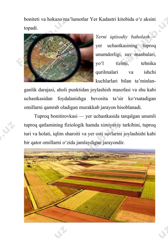 ga bo‘lgan boshqa mamlakatlarga nisbatan ular bilan umumiy tuzilishga ega. tashkilotlar, ayniqsa, mamlakat yer xo‘jaligi boshqarmalari tomonidan aktivlarni boshqarish sharoitlarining o‘zgarishini kuzatish o‘ta zarur. bundan tashqari, administratordan foydalanuvchi manbasiga o‘tish kelajakda fuqaroning er va kadastr ma’lumotlari bilan taqqoslaganda nimalar kutayotgani haqida kerakli ma’lumotlarni ochib berishi mumkin. shuni yodda tutingki, sa’y-harakatlar milliy tizimning uzoq muddatli strategik rivojlanishiga, ayniqsa, erni boshqarish sohasiga qaratiladi. foydalanuvchilarga mavzu bo‘yicha chuqur ma’lumot kerak bo‘lmasa-da, bu mavzuni hal qilish uchun etarli adabiyotlar yo‘q. tadqiqotimizda olingan ma’lumotlar maqsadning izchilligi, ishonchliligi haqida yodda qoladigan narsa. birinchidan, tematik suhbatlarimizda turli foydalanuvchi guruhlari kelajakdagi ehtiyojlar va umidlarni muhokama qiladigan bir izchil dasturga birlashtirildi. bu mavzu bo‘yicha qiziqarli, tegishli ma’lumotlarni ko‘rsatadi. kadastr “soliqqa tortiladigan ashyolar ro‘yxati” degan ma’noni anglatadi (lotincha – kaditastrum – ro‘yxat). dastlab kadastr yer solig‘i manbaiga oid kitob (reestr) sifatida qo‘llanilgan bo‘lsa, keyinchalik u davlatning hisobga olish, baholash tadbirlari tuzilishini ifodalaydigan bo‘ldi. muayyan hududdagi yer resurslarini doimiy kuzatib, yerning …