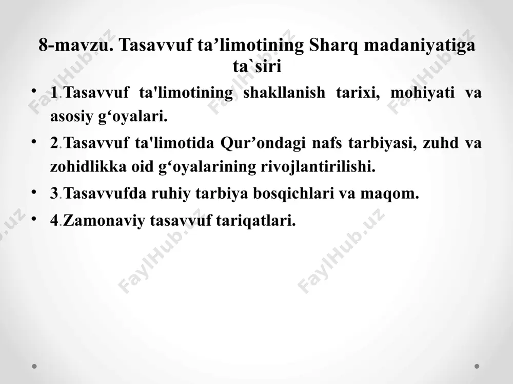 qo‘yish, qimmatbaho tuhfalar bilan qarindosh-urug‘lar, yaqin do‘st-birodarlarni siylash rasm bo‘ladi tasavvuf va soʻfiy soʻzlari ix asrning boshlarida yashagan abu hoshim soʻfiydan boshlab joriy etilgan. undan oldingi davrlarda bu atama oʻrnida “zuhd” (zohidlik, tarkidunyochilik), “taqvodorlik”, “parhezkorlik” kabi iboralar ishlatilgan. misrlik olim ibrohim basyuniy “islomda tasavvufning paydo boʻlishi” nomli kitobida hijriy iii–iv asrlarda yashab oʻtgan olimlarning tasavvuf haqidagi 40 ta taʼrifini keltiradi. tasavvufda yo`nalishlar islom huquqshunosligida, sharʼiy koʻrsatmalarni amalga tatbiq etishda 4 ta yoʻnalish boʻlganidek, tasavvufda ham bir necha tariqatlar shakllangan. mashhurlari – tayfuriya, junaydiya, hakimiya, qodiriya, yassaviyya, malomatiyya, kubroviyya, mavlaviya, naqshbandiya tariqatlaridir. tasavvuf. — haqiqat sari intilish, odamlardan tamagirlik qilmaslik va faqirlikni ixtiyor etishdir". zunnun al-misriy (859 y.v.e.), “sufiy boylik istab oʻzini charchatmas va yoʻqotgan boyligiga achinib, bezovta boʻlmas", desa, junayd al-bag’dodiy (909 y.v.e.) tasavvuf. — qalbni sof tutmoq, tugʻma zaiflik va noxush axloqlardan forigʻ boʻlib, hayvoniy va nafsoniy tuygʻular ustidan gʻalaba qilmoq, deb ta’rif bergan. yana u tasavvuf bir uy …