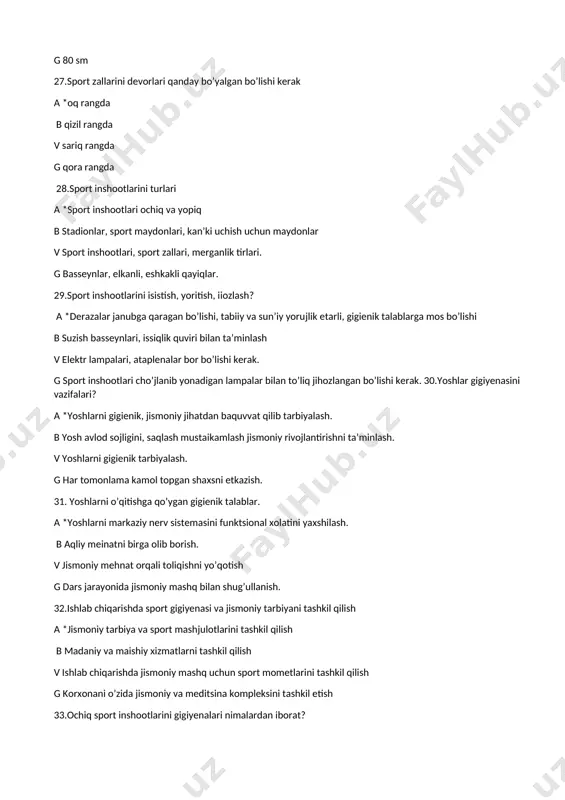 inut b +22-24 va 10 minut v +20-26 va 10 minut g +18-20 va 10 minut 48.oyoq vannasi qabul qilishni necha oc gacha pasaytiriladi a *+15-18 b +12-20 v +18-20 g +8-12 49.sport kiyim-laridan poyabzallarlar qanday bo’lishi kerak a *qulay, charmdan bo’lishi kerak b chiroyli, dermantindan v zamonaviy g kiyimlar rangida bo’lishi kerak 50.sportchilarni kiyimlari necha gradusli sovuqqa moslashgan bo’lishi kerak a *kamida 15 gradusga b 25 gradusga v 30 gradusga g 35 gradusga 51.sinf xonalargida yorug’lik qaysi tomondan tushishi kerak a *chap tomondan b o’ng tomondan v to’g’ridan g orqadan 52.yopiq basseynda 1 ta gurux shug’ullansa basseynni ichini necha marta tozalash lozim a *1 marta b 1 oyda 1 marta v 2 oyda 1 marta g 3 oyda 1 marta 53.sport bilan shug’ullanayotgan talaba kundalik kiyimi bilan shug’ullanishi mumkinmi a *yo’q mumkin emas b ha mumkin v ichki kiyimda shug’ullansa bo’ladi g dori ichib keyin shug’ullansa bo’ladi 54.gigiyena so’zi …