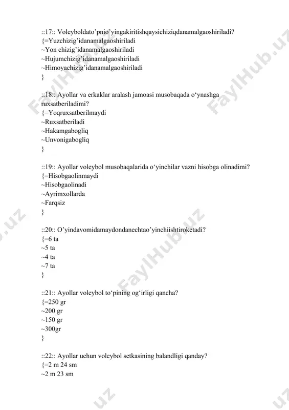 yil } ::49:: voleybol o‘yinining bir partiyasi davomida ochkolar soni qanchagacha bo‘ladi? {=25 gacha ~20 gacha ~15 gacha ~26gacha } ::50:: voleybol o‘yinikotibinivazifasinimadaniborat? {=bayonnomagahisobniyozibborish ~chiziqdagihakamlarqayordamberish ~o‘yinchilarnimassajqilish ~to‘pnidamlash futbol 51.“texnika” so’zinima’nosinitushuntiribbering? {=bajaraolishsa’natideganma’noniberadi ~usulqo’llash g’alabagaerishish ~texnikaqo’llash g’alabagaerishish ~g’alabagaerishishtexnikaqo’llash } ::52:: futbol o’yinida 11 metrli jarima to’pni tepish uchun xakamning signalidan so’ng jarima to’pni tepayotgan komandaning boshqa o’yinchisi jarima maydoniga kirib qolsa hakam nima qilishi kerak? {=11 metrlijarimato’piniqaytarish ~o’yinchiniogoxlantirish ~to’pnixisoblash ~to’pnidarvozaoldiddano’ynash } ::53:: futbol o’yinida agarda to’p maydondagi xakamga tegib darvozaga borib tushsa, xakam qanday qarorga keladi? {=gol hisoblaydi ~hisoblamaydi ~11 metryokiaut ~autyokijarima } ::54:: futbolbo’yichabirinchijaxonchempionatiqachono’tkazilgan? {=1930 yil ~2010 yil ~1730 yil ~1865 yil } ::55:: braziliya terma jamoasi futbol bo’yichanechamartajaxonchempioni bo’lgan ? {=5 marta ~4 marta ~6 marta ~3 marta } ::56:: futbol o’yinida bo’sh darvozaga kelayotgan to’pni maydonga yugurib tomoshabin tomonidan to’xtatildi. xakam qarori {= baxsli to’p berish ~ gol hisoblash ~ jarima tepish ~ burchak to’pi } ::57:: futbol bo`yichajaxon …