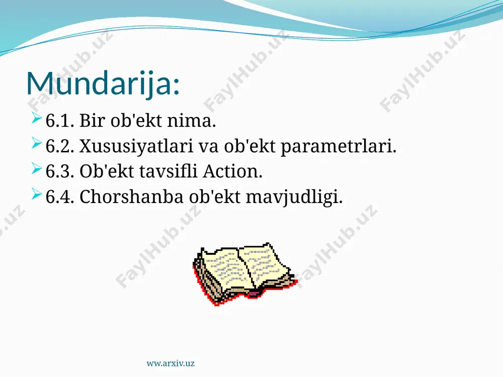 ekt harakatlarini tavsiflash uchun, biz savolga javob kerak. avtomobil surtish. ob'ektlar boshqa ob'ektlar ham ta'sir ko'rsatishi mumkin. man quyosh güneşlenme. shamol tomonidan şişirilmiş sails. pichoqlar tushgan suv tegirmon oqim aylantiring. ob'ektni tavsiflovchi uchun muhim emas, ob'ekt harakatini amalga oshiradi yoki boshqa ob'ekt ta'sir qiladi. bir ob'ektga qo'llaniladigan action obyektlari tomonidan amalga oshiriladigan harakatlar tengdir. ww.arxiv.uz 3. ob'ekt tavsifli action turli ob'ektlar tomonidan amalga harakatlar katta turli orasida bunday deb alohida ob'ekt uchun yagona ekanligini aniqlash mumkin. ushbu qadamlar, shuningdek xususiyatlari ob'ekt xarakterli va uning atrofidagi sifatida tanlash ajrata imkonini beradi. juda ko'p, bu qadamlar ob'ekt maxsus vazifasini tasvirlab. hammer tirnoqlarini bolg'acha kerak. cloth jadval qoplangan. tabiiy ob'ektlar tabiatan ularda bayon harakatlari bilan ifodalanadi. o'simliklar karbonat angidrid va relizi kislorod shimib oladi. asalarilar nektar yig'ish va asal ishlab chiqarish. volcano lava spews. o'tkazish harakatlari bo'lishi mumkin tomonidan juda aniq bir ob'ekt tasvirlab. ular uchib mumkin haqiqatni bilan xarakterlanadi qushlar. agar qarash …