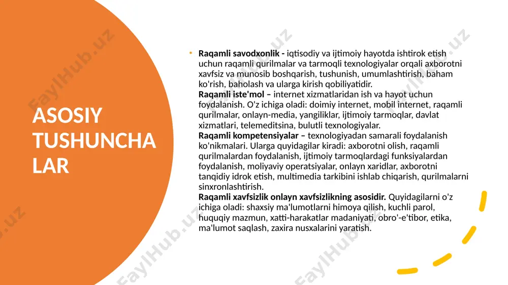 raqamli ko'nikmalar yuqori texnologiyali kasblar (dasturchilar, ishlab chiquvchilar, veb-dizaynerlar, katta ma'lumotlar tahlilchilari va boshqalar). ishlash qobiliyati jamoa, ijod, tanqidiy fikrlash ‹#› asosiy raqamli kompetensiyalar asosiy kompyuter ko'nikmalari (matnli hujjatlarni yaratish va tahrirlash, power pointda taqdimotlar yaratish va tahrirlash, excel elektron jadvalida ishlash, internetda ishlash, hujjatlarni chop etish va h.k.). internetda axborotni qidirish va tahlil qilish, ta'lim jarayonida keyinchalik foydalanish uchun topilgan ma'lumotlarni saqlash va o'zgartirish qobiliyati. dars jarayonida axborot-kommunikatsiya texnologiyalarini qo'llash imkoniyati (taqdimotlar, video material, elektron ko'rgazmali material, elektron darslik va h.k.). elektron pochta texnikasi bo'yicha malaka. tarmoq vositalari (chatlar, tezkor messenjerlar (viber, telegram, whatsapp), ijtimoiy tarmoqlar (vkontakte, facebook, odnoklassniki va boshqalar) bilan ishlash imkoniyati. ilg'or asosiy raqamli kompetensiyalar 1. internetda o'zingizning axborot xavfsizligini tashkil qilish imkoniyati, masalan, murakkab parollardan foydalanish va boshqalar; 2. dasturiy ta'minot va internet xizmatlaridan foydalangan holda grafik ob'ektlarni (tasviriy materiallarni) yaratish, tahrirlash imkoniyati; 3. dasturiy ta'minot va internet xizmatlaridan foydalangan holda (masalan, lms moodle, stepik …