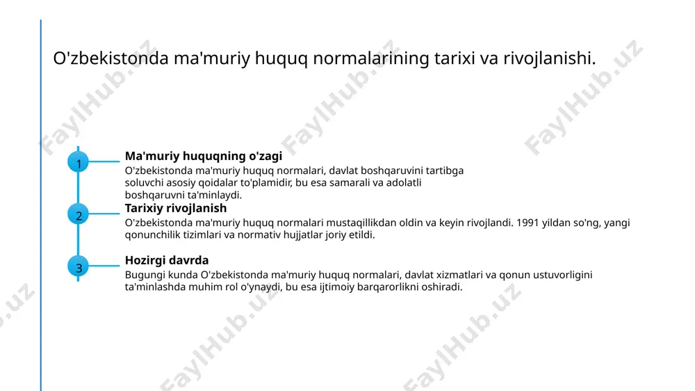 a'zan muammolar yuzaga keltiradi. ularni yangilash va yaxshilash orqali davlat boshqaruvi sifatini oshirish mumkin. xulosa ma'muriy huquqning ahamiyati o'zbekistonda rivojlanish muammolar va yechimlar ma'muriy huquq, davlat boshqaruvida muhim rol o'ynaydi va qonun ustuvorligini ta'minlashda asosiy omil hisoblanadi. o'zbekistonda ma'muriy huquq normalarining tarixi, zamonaviy boshqaruv tizimida muhim o'zgarishlarni ko'rsatmoqda, bu esa ijtimoiy-iqtisodiy barqarorlikka olib keladi. qonun ustuvorligini ta'minlashda mavjud muammolarni hal qilish uchun innovatsion yondashuvlar va normativ hujjatlarni takomillashtirish zaruriyati oshmoqda. foydalanilgan adabiyotlar 1. abdullaeva, d. (2021). ma'muriy huquq normalari: nazariy va amaliy jihatlari. toshkent: o'zbekiston respublikasi oliy va o'rta maxsus ta'lim vazirligi. 2. yusupov, a. (2022). o'zbekistonda boshqaruv va qonun ustuvorligi: muammolar va yechimlar. o'zbekiston respublikasi ijtimoiy fanlar akademiyasi, 2022. 3. karimova, s. (2020). normativ hujjatlar va ularning ta'siri: nazariy va amaliy yondashuv. tashkent: o'zbekiston milliy universiteti. 4. khamdamov, r. (2023). ma'muriy huquq va boshqaruv: zamonaviy tendensiyalar. o'zbekiston respublikasi huquqiy akadamiya, 2023. 5. sattorov, a. (2021). o'zbekistonda ma'muriy huquq normalarining …