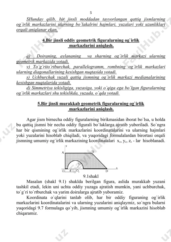 ror qattiq jism berilgan bo`lib, u oddiy figuralarga ajralmasin, u holda bu qattiq jismni elementar hajmchalarga, yuzachalarga yoki uzunliklarga bo`lib yuboramiz. yani v - ni o`rniga dv, s - ni o`rniga ds, l - ni o`rniga dl qo`yamiz. summani o`rniga integrall belgisi qo`yiladi, chunki elementar hajm, yuza va uzunliklarni faqat integrall yordamida qo`shiladi. shunga ko`ra quyidagi uchta tenglamalar sistemasini hosil qilamiz. hajm uchun (9.9) yuza uchun, (9.10) uzunlik uchun, (9.11) ba’zi bir murakkab figuralarning og`irlik markazlarini aniqlash. 1) aylana yoyining og`irlik markazini aniqlash. (9.2 shakl). 9.2 shakl. shaklda ko`rsatilgan r radiusli aylananing, markaziy burchagi aovh2(( ga teng bo`lgan av yoyi ko`rsatilgan. ushbu yoyning og`irlik markazini aniqlash uchun uning markazi o nuqtadan xou koordinata o`qlarini shunday o`tkazamizki, ox o`qi av yoyni teng ikkiga bo`lib o`tsin. u holda bu o`q simmetriya o`qi hisoblanadi, qoidaga ko`ra jismning og`irlik markazi shu o`qda yotadi. lekin koordinata boshidan qancha uzoqlikda yotishi nomalum, yani ush0 lekin xsh?. …