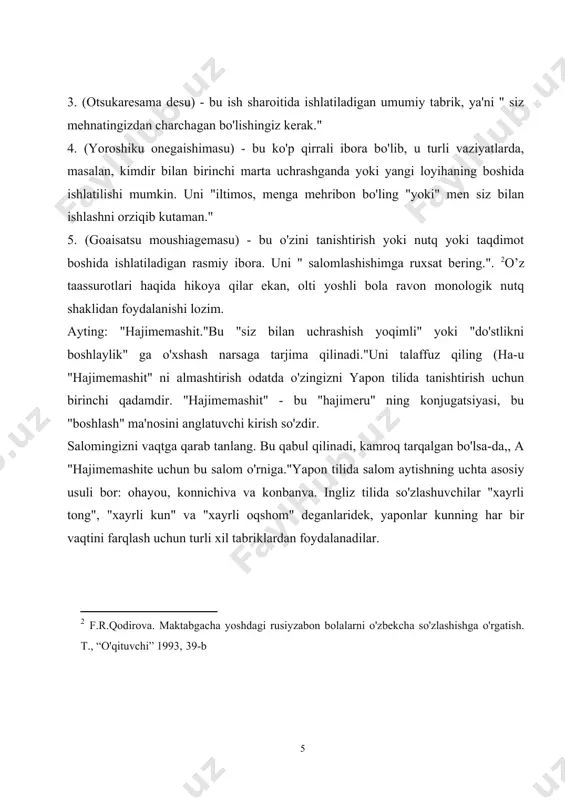 z bilan uchrashish yoqimli." dastlabki kirishni tugatish uchun "yoroshiku onegaishimasu" deb ayting. uni talaffuz qiling (sizning-oh-u-koo oh-nay-yigit-ee-shee-massa). bu taxminan " iltimos, menga yaxshi munosabatda bo'ling."ingliz tilida bunday so'zlarni aytish odatiy hol bo'lmasligi mumkin, ammo o'zingizni yapon tilida so'zlashuvchilar bilan tanishtirishda eslash juda muhim ibora. bu, odatda, yaponlar o'zlarini tanishtirganda ishlatadigan oxirgi ibora. tasodifiy shakl uchun siz shunchaki " yoroshiku."ammo deyarli barcha holatlarda siz rasmiyroq, muloyimroq shaklda xato qilishingiz kerak. agar siz o'zingizni xuddi shunday ijtimoiy mavqega ega bo'lgan yosh odam bilan tasodifan tanishtirsangiz, deyarli barcha qo'shimcha so'zlarni qoldirishingiz mumkin. shunchaki ayting: "jo desu. yoroshiku, men jo emasman "degani uchun". siz bilan uchrashish yoqimli." o'zingiz haqingizda ko'proq tushuntiring. yosh, millat yoki kasb kabi boshqa fazilatlarni baham ko'rish uchun "vatashi va ___ desu" shaklidan foydalanishingiz mumkin. ""vatashi va amerikajin desu, "(vah-tah-shee vah amerika h-shin kiyim) men amerika emasman " degan ma'noni anglatadi."""vatashi va juugo sai desu," (vah-tah-shee vah juugo-o'ng kiyim) degan ma'noni …