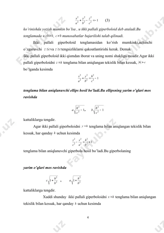 alishni aniqlovchi vektorning hamma koordinatalari nolga teng bo’lmaganlini uchun yuqordagi tenglikning birinchisidan ekanligi kelib chiqadi.biz umumiylikni chegaralamasdan deb olamiz.bundan esa lar uchun , shartlarni olamiz.agar biz , (6) tengliklar bilan nuqtani aniqlasak (7) tenglikni olamiz. bundan tashqari tenglikdan (8) munosabat kelib chiqadi.demak nuqta giperboloidning bo’g’ziga tegishlidir.yuqoridagi (6) tenglikdan munosabat kelib chiqadi.biz agar , tengliklar bilan vektorning koordinatalarini aniqlasak, munosabatni hisobga olib (8)tenglikdan qiymatlarni topamiz.demak biz qidirayotgan to’g’ri chiziqlarning parametrik tenglamalari ko’rinishda bo’ladi.bu to’g’ri chiziqlar bo’lganda nuqtadan o’tadi.haqiqatan ham (6) tengliklardan munosabatlarni hosil qilish mumkin.teorema isbotlandi. paraboloidlar ta’rif-5. ikkinchi tartibli sirt tenglamasini birorta dekart koordinatalari sistemasida (4) ko’rinishda yozish mumkin bo’lsa , u elliptik paraboloid deb ataladi.bu tenglamada p, munosabatlar bajarilishi talab qilinadi. elliptik paraboloidning tenglamasidan ko’rish mumkinki,koordinata boshi unga tegishli, va tekisliklari elliptik paraboloidning simmetriya tekisliklari bo’ladi. elliptik paraboloidni tenglama bilan aniqlangan tekislik bilan kessak, bo’lganda kesimda yarim o’qlari mos ravishda , kattaliklarga teng bo’lgan ellips hosil bo’ladi. elliptik paraboloidni …