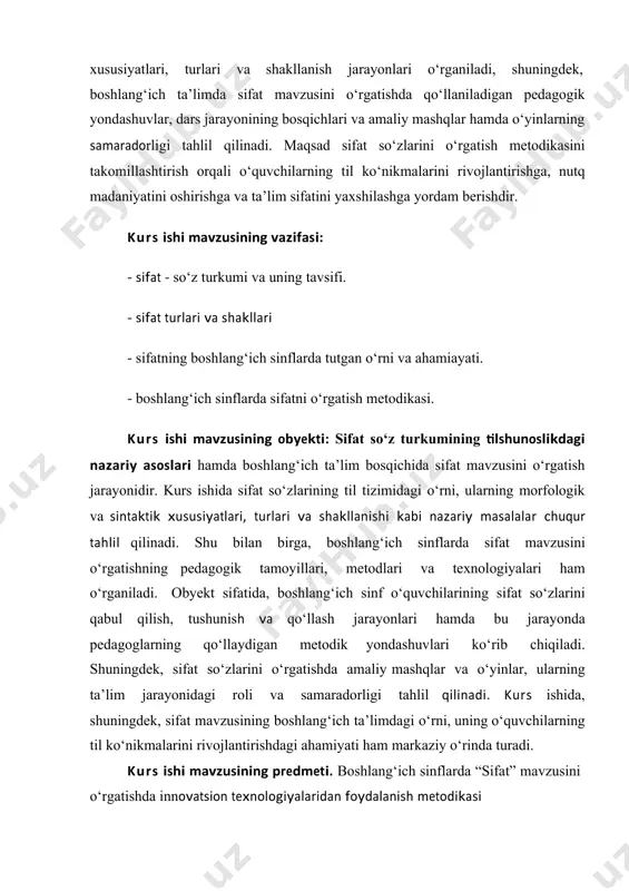 aning xususiyatlarini va sifatlarini aniqlab beradi, ularni boshqa narsalardan farqlashga yordam beradi. shu sababli sifat so‘zlari gapda ko‘pincha aniqlovchi sifatida ishlatiladi. sifat gap ma’nosini boyitadi, nutqni yanada aniq va tushunarli qiladi. sifat so‘zlari ot bilan bog‘lanib, u haqidagi ma’lumotni kengaytiradi. lingvistik o‘rni va xususiyatlari so‘z turkumi sifatida : sifat — bu mustaqil so‘z turkumi bo‘lib, o‘ziga xos morfologik va sintaktik xususiyatlarga ega. ular quyidagicha aniqlanadi: ✓ma’no jihatdan: sifatlar predmetlarning belgilari, xususiyatlari haqida ma’lumot beradi. ✓morfologik jihatdan: sifatlar o‘zlarining shaklini o‘zgartirishga (kelishik, daraja qo‘shimchalari) moyildir. ✓sintaktik jihatdan: odatda otdan oldin kelib, uni aniqlaydi. sifatlarning morfologik xususiyatlari sifatida: 1. belgining darajasini ko‘rsatadi: sho‘x, sho‘xroq, eng sho‘x. 2. otlashadi: kattalarni hurmat qiling. 3. fe’lga bog‘lanib, ravish o‘rnida keladi: sattor chiroyli yozadi. sintaktik xususiyati sifatida: sifat so‘zlari ko‘pincha ot bilan birikib, gapda aniqlovchi (aniqlik bildiruvchi) vazifasini bajaradi: 1. asosan aniqlovchi va kesim vazifasini bajaradi: yoqimli shamol esa boshladi. tabiat go‘zal. 2. sifat aniqlovchi bo‘lib …
