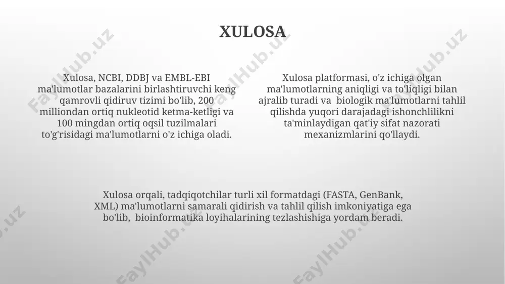 o'z ichiga oladi, ma'lumotlarni aniqroq topishga yordam beradi. interpro ma'lumotlar bazasi ushbu bazada turli xil eksperimental va hisoblash usullari bilan aniqlangan 50 dan ortiq oqsil ma'lumotlar bazalarining ma'lumotlari birlashtirilgan. interpro annotatsiyasi, oqsil ketma-ketligi tahlilini o'tkazishda, funktsional domenlarni aniqlashda va oqsillarni tasniflashda muhim rol o'ynaydi. interpro ma'lumotlar bazasi 16000 dan ortiq oqsil oilalari va funktsional domenlarini, shuningdek, ularning tarkibiy va funktsional xususiyatlarini o'z ichiga oladi. ncbi haqida umumiy ma'lumot ncbi yiliga 10 terabaytdan ortiq yangi genetik ketma-ketlik ma'lumotlarini qabul qiladi va ularni global ilmiy jamoatchilikka ochiq ravishda taqdim etadi, bu biotibbiyot tadqiqotlarini rivojlantirishga yordam beradi. ncbi dunyodagi eng katta biotibbiyot ma'lumotlar bazasi bo'lib, 50 dan ortiq ma'lumotlar bazalarini, shu jumladan, genbank, pubmed va blast kabi muhim resurslarni o'z ichiga oladi. ncbi ning blast vositasi har kuni millionlab izlanishlarni qayta ishlaydi va olimlarga o'xshashlikni aniqlash orqali genlar, oqsillar va boshqa molekulalarni tahlil qilishga yordam beradi, bu kashfiyotlarni tezlashtiradi. ncbi ma'lumotlar bazalarining turlari …