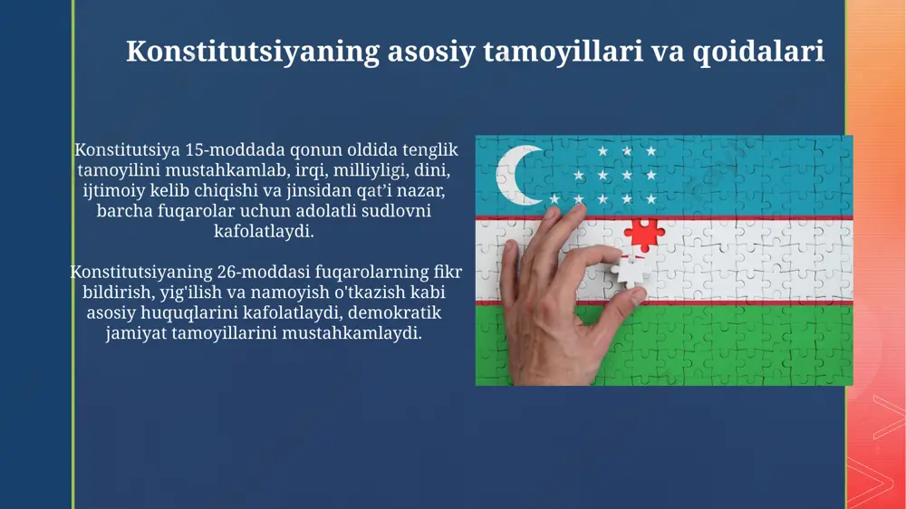 chi referendumda ishtirok etishga chaqirildi, bu raqamli texnologiyalarning ommaviy axborot vositalari samaradorligini oshirishdagi ahamiyatini ko‘rsatadi. referendumning o‘tkazilishi va natijalari 1992-yil 29-dekabrda bo‘lib o‘tgan referendumda 99,26% saylovchilar o‘zbekiston respublikasi konstitutsiyasini qo‘llab-quvvatladilar, bu keng ko‘lamli xalq qo‘llab-quvvatlashini ko‘rsatadi. referendumda 94% dan ortiq saylovchilar ishtirok etdi, bu o‘zbekiston aholisining konstitutsiya qabul qilinishiga yuqori darajada qiziqishini va faol ishtirokini bildiradi. konstitutsiya va fuqarolik jamiyati fuqarolik jamiyati institutlari konstitutsiya qabul qilinganidan keyin uning amaliyotini kuzatish, inson huquqlari va erkinliklarining ta'minlanishini nazorat qilish boʻyicha 10 dan ortiq muhim loyihalarni amalga oshirdi. konstitutsiyaning qabul qilinishi jarayonida 5000 dan ortiq fuqarolik jamiyati vakillari, ekspertlar va olimlar oʻz fikr-mulohazalarini bildirishdi, bu esa hujjatning keng muhokama qilinishiga olib keldi. konstitutsiya loyihasini ishlab chiqish jarayoni konstitutsiya loyihasi bo'yicha ommaviy muhokamalar 2 oy davom etdi va uning jarayonida 500 mingdan ortiq taklif va tuzatish kiritildi, natijada matnning yakuniy versiyasi shakllandi. konstitutsiya loyihasini ishlab chiqishda 160 dan ortiq mutaxassis, jumladan, huquqshunoslar, olimlar va …