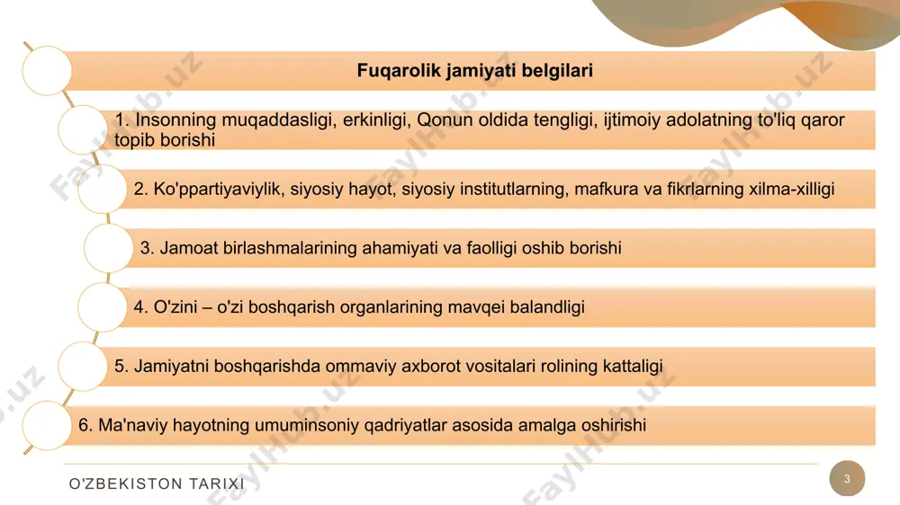 lik prezumsiyasi; -malakali yuridik hiomyaga ega bo'lish huquqi; -sud jarayonini milliy tilda yuritish prinspi; -sudya lavozimini deputatlik mandati va partiyaga mansublikdan holi ekanligi. 11 eshov b. , odilov а. o'zbekiston tarixi. 1-jild, darslir,-т.: yangi asr avlodi. 2014. xamidov x. o'zbekiston tarixi. т. 2015. usmonov q. o'zbekiston tarixi. т. 2015. shirinova f., ziyaeva d. o'zbekiston tarixi. o'quv qullanma. i qism т. 2015. shirinova f., ziyaeva d. o'zbekiston tarixi. o'quv qullanma. ii qism т. 2015. foydalanilgan adabiyotlar o'zbekiston tarixi e'tiboringiz uchun rahmat ! image1.png image2.png image3.png image4.svg image4.png image5.png image6.jpeg image7.jpeg image8.jpeg image9.wmf