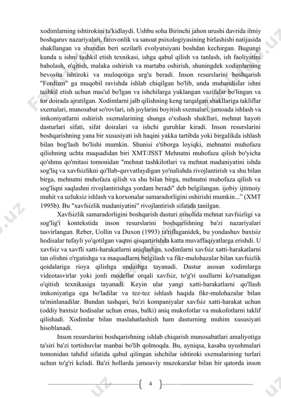 n resurslarini boshqarish aslida xodimlarni boshqarish bo'lib, korxonaning aktivlari bo'lgan ishchilarga e'tibor beradi. shu munosabat bilan bunday xodimlar ba'zan inson kapitali deb ataladi. 2. inson resurslarini boshqarishda mehnat munosabatlarini tartibga solishning ahamiyati inson resurslarini boshqarish "mehnat munosabatlarining tabiati va ushbu munosabatlarga tegishli barcha qarorlar, harakatlar va masalalar bilan shug'ullanadigan fan va amaliyot" deb ta'riflangan. u ish beruvchi tomonidan ishlab chiqilgan siyosat va amaliyotlarni qamrab oladi, bu esa xodimlardan foydalanish va boshqarishni kompaniyaning mahsuldorlik va raqobatbardoshlikni oshirishga qaratilgan umumiy strategiyasi kontekstida biznes resursi sifatida ko'radi. bu ish beruvchining xodimlarni boshqarishga bo'lgan yondashuvini tavsiflash uchun ko'pincha qo'llaniladigan atama bo'lib, u odatda kasaba uyushmalari bo'lmagan sharoitda xodimlarning mehnat unumdorligini oshirishga rag'batlantirish maqsadida xodimlarning ishtirokini ta'kidlaydi. ushbu soha birinchi jahon urushi davrida ilmiy boshqaruv nazariyalari, farovonlik va sanoat psixologiyasining birlashishi natijasida shakllangan va shundan beri sezilarli evolyutsiyani boshdan kechirgan. bugungi kunda u ishni tashkil etish texnikasi, ishga qabul qilish va tanlash, ish faoliyatini baholash, …