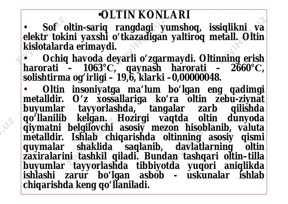 konlari sof kumush – yumshoq, juda cho‘ziluvchan, issiqlikni va elektr tokini eng yaxshi o‘tkazadigan metalldir. erish harorati – 950 °с, qaynash harorati – 1955 °с, solishtirma og‘irligi – 10,7, klarki – 0,00007. kumush ham qadim zamonlardan ma’lum bo‘lib, savdo-sotiq rivojlanishiga katta hissa qo‘shgan metalldir. kumush – nodir metallarning eng arzonidir. kumushkumush – nodir metallarning eng arzonidir. kumush yorug‘lik ta’sirini sezuvchi metall. hozirgi paytda kumush zebu-ziynat buyumlar tayyorlashda, radio va elektr texnikada, fotoplyonkalar, ko‘zgular ishlab chiqarishda, tangalar zarb qilishda qo‘llaniladi. kumushning dunyo bo‘yicha tabiiy zaxirasi 2015-yil ma’lumoti bo‘yicha 570 ming t. bir yilda dunyo bo‘yicha 19954 t kumush ma’dani qazib olinadi. tabiatda 60 ga yaqin kumushli minerallar ma’lum. ularning asosiylari – sof tug‘ma kumush, argentit, prustit, pirargirit, elektrum. kumush ma’danlarining sanoat turidagi to‘plamlari asosan mis va polimetall konlari bilan uzviy bog‘liqdir.bilan uzviy bog‘liqdir. o‘zbekistondagi eng yirik kumush konlari: kosmanachi, lashkarak, okjeptes hisoblanadi. platina va uning ishlatilish •platina konlari. • platina guruhi …