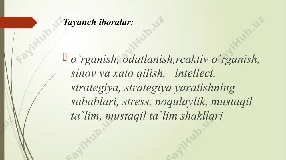 mprinting imprinting („imprinting“) — bir zumda oʻrganish, „bir martada oʻrganish“. imprintingning klassik namunasi — gʻoz paloponlari tomonidan tuxumdan chiqqandan keyin koʻrilgan birinchi harakatlanuvchi ob’ektga bogʻlanishning shakllanishi. tabiiy yashash muhitida bu ob’ekt ona boʻlib, paloponlar tuxumdan chiqqandan soʻng darhol unga hamma joyda ergashishni boshlaydi; bu hodisaning biologik ahamiyati aniq. agar eksperimentator yoki hatto jonsiz narsa (masalan, toʻp) birinchi harakatlanuvchi ob’ekt boʻlib chiqsa, paloponlar unga ham ergashishni boshlaydi. klassik shartlilik pavlovian, respondentning sharti. bu shartli reflekslarning shakllanishi jarayonidir. shartli reflekslar shartsiz reflekslardan quyidagi asosiy belgilari bilan farqlanadi. shartsiz reflekslar asosan tugʻma boʻlib, oldindan oʻrganish yoki shartlashsiz biologik stimulga javob sifatida yuzaga keladi. shartli reflekslar — neytral qoʻzgʻatuvchi va shartsiz reaksiya oʻrtasidagi yangi, orttirilgan bogʻlanishlar; respondentning shartliligi operant shartlilik sinov va xato usuli ijtimoiy taʼlim oʻrganishni kognitiv tushuntirish faol o'rganish nima? faol o'rganish nima passiv ta'lim nima talabalarga ma'lumotni o'ylash, muhokama qilish, e'tiroz bildirish va tekshirish kerak. o'quvchilarga ma'lumotni o'zlashtirishi, mujassamlashi, baholashi va …