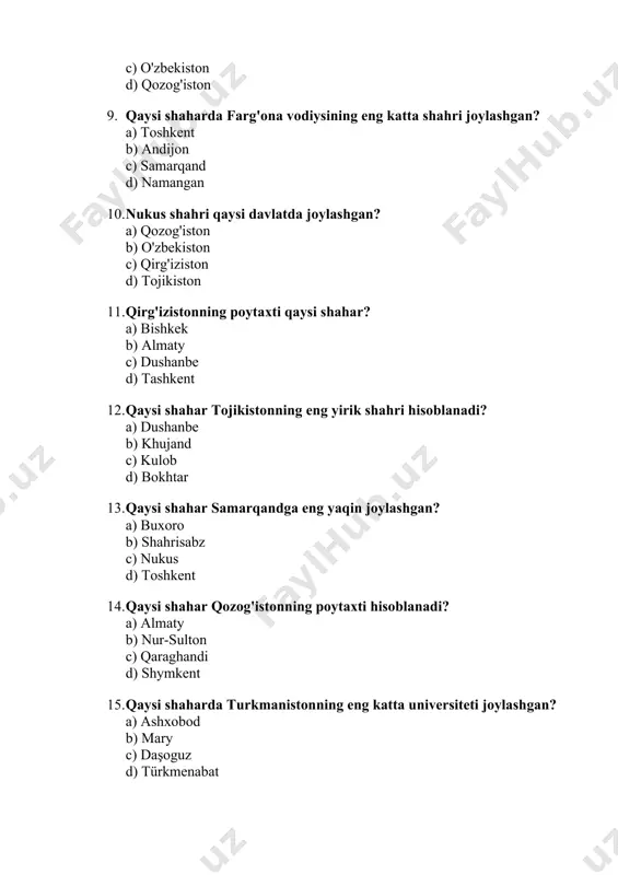 ürkmenabat d) daşoguz 20. bishkek shahri qaysi davlatda joylashgan? a) qozog'iston b) qirg'iziston c) o'zbekiston d) tojikiston