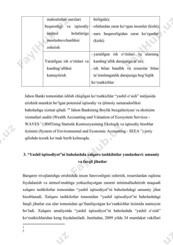 ital (ishlab chiqarish va inson kapitali) hajmining oshishi; · atrof-muhitga salbiy ta’sir etish darajasining kamayishi va tabiat bilan bog‘liq risklarni boshqarishning takomillashuvi. ijtimoiy sohada: · aholi, jumladan kambag‘allar yashash sharoiti, daromadlari va turmush sifatining oshishi; · kambag‘allar uchun munosib va aholi turmush darajasini oshirish imkonini beruvchi ish o‘rinlarining yaratilishi va rag‘batlantirilishi; - ijtimoiy, inson va bilim kapitalining oshishi; · tabaqalashuv darajasining pasayishi. 3.2.1-jadval “yashil iqtisodiyot”ni baholashda xalqaro tashkilotlar yondashuvi xalqaro tashkilot “yashil iqtisodiyot”ga o‘tish maqsadi “yashil iqtisodiyot” ko‘rsatkichlari bmtning atrof muhit dasturi atrof-muhitning o‘zgarishi bilan bog‘liq risklar va ekologik taqchillikni kamaytirish asosida insonlar farovonligini yaxshilash va ijtimoiy tenglikka erishish[footnoteref:3] [3: ] atrof-muhitni muhofaza qilish siyosatining samaradorligi va aholi ijtimoiy-iqtisodiy farovonligining ortishini aks ettirish iqtisodiy hamkorlik va taraqqiyot tashkiloti inson farovonligi bilan bog‘liq tabiiy aktivlar barqarorligini ta’minlagan holda iqtisodiy o‘sish va rivojlanishga ko‘maklashish[footnoteref:4] [4: ] ushbu ko‘rsatkichlar ishlab chiqarish, iste’mol va ayriboshlash jarayonlaridagi munosabatlar tizimi asosida ishlab chiqilgani uchun “yashil iqtisodiyot”ni …