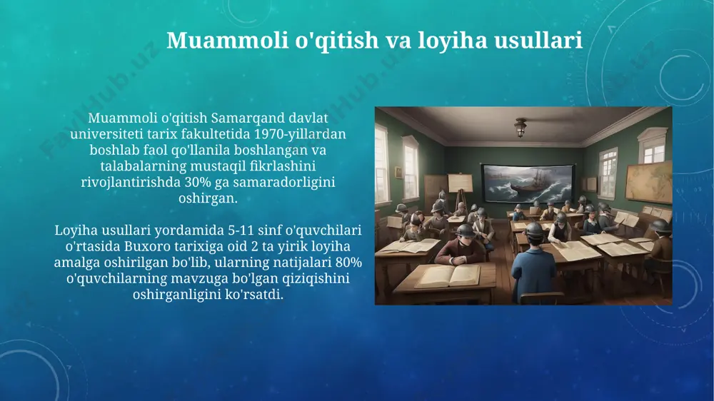 ologiyaning ta'siri pedagogika, 20-asrning boshlarida, germaniya va amerika qo'shma shtatlarida taraqqiy etib, tarix o'qitish metodologiyasiga ilmiy yondashuvni shakllantirishda muhim rol o'ynadi, 3 ta asosiy pedagogik nazariyani qo'lladi. 1960-yillardan boshlab, moskva psixologiya maktabining tadqiqotlari, xotira va fikrlash jarayonlarini tushunish orqali, tarix darslarini yanada samarali o'tkazishga yordam beradigan yangi pedagogik texnikalarni yaratishga turtki bo'ldi. didaktika va metodikaning o'zaro bog'liqligi tarix metodikasi o’quv jarayonini tashkil etishning 3 ta asosiy uslubini – muammoli, bahs-munozara va loyiha uslublarini didaktik printsiplarga asoslanib qo’llaydi. didaktika umumiy ta’lim nazariyasi bo’lib, 20-asrning 2-yarmidan boshlab metodika (tarix metodikasi, masalan) uning amaliy qo’llanilishi sifatida shakllandi, jumladan, rossiya va germaniya pedagogikasi ta’sirida. kompyuter texnologiyalarining qo'llanilishi kompyuter texnologiyalari, xususan, 3d modellashtirish dasturlari yordamida 15-asr samarqand shahrining tarixiy obidalarini 20 dan ortiq interaktiv virtual sayohatlarni yaratishga imkon beradi. o'zbekistonning 5 ta yirik universitetida 2020 yildan buyon tarix fanini o'qitishda kompyuterlashtirilgan ta'lim resurslari, shu jumladan, 1000 dan ortiq onlayn testlar qo'llanilmoqda. xx asr boshlarida tarix …