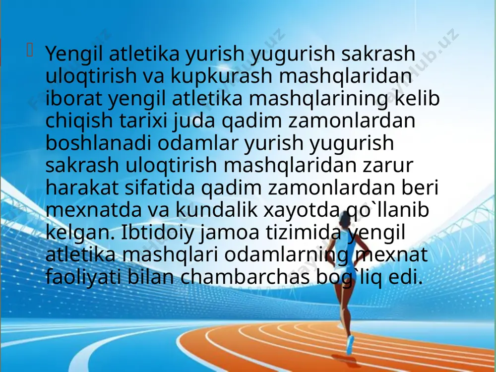 va uni o‘rgatish asoslari yengil atletika mashqlari shug‘ullanuvchilarga kuch kelish miqdori, harkatning shakli va xarakteri jihatidan juda ham har xil bo‘ladi. shuning uchun yengil atletikaning har qaysi turida shug‘ullanishda jismoniy mashqlar va gigienik rejimga rioya qilish kerak. yengil atletika shug‘ullanish jarayonida, shuningdek, yana boshqa tadbirlar vositasida yengil atletika va uni o‘rgatish metodikasi fanida axloq ruhida tarbiyalash, iroda va harakaterni chiniqtirish, mehnatsevarlikka tarbiyalashdan iboratdir yengil atletika bilan shug‘ullantirish va uni o‘rgatish asoslari yengil atletika mashqlari shug‘ullanuvchilarga kuch kelish miqdori, harkatning shakli va xarakteri jihatidan juda ham har xil bo‘ladi. shuning uchun yengil atletikaning har qaysi turida shug‘ullanishda jismoniy mashqlar va gigienik rejimga rioya qilish kerak. yengil atletika shug‘ullanish jarayonida, shuningdek, yana boshqa tadbirlar vositasida yengil atletika va uni o‘rgatish metodikasi fanida axloq ruhida tarbiyalash, iroda va harakaterni chiniqtirish, mehnatsevarlikka tarbiyalashdan iboratdir sportcha yurish texnikasini o‘rgatish metodikasi sportcha yurish texnikasini katta ham, o‘smirlar ham o‘rganaverishlari mumkin. o‘rgatishning asosiy vazifasi sportcha to‘ri yurish …