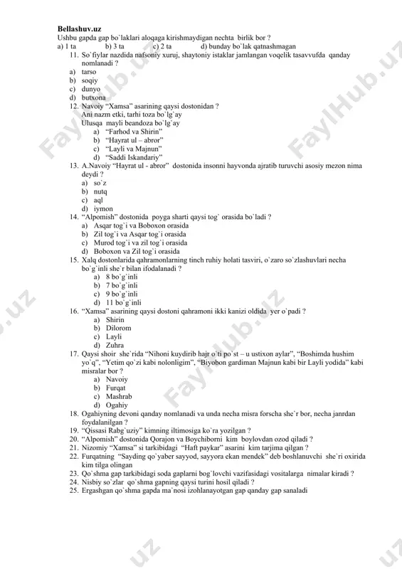 ) deb so`zi orqali c) shuning uchun ko`makchili qurilmasi orqali d) nisbiy so`zlar orqali so`zlar orqali 10. oqshomdan boshlangay, odatda, tonglar sukutdan uzilgay gulduros, bonglar boshing bukma sira, xokisor banda erta ruhing topgay oily ohanglar ushbu gapda gap bo`laklari aloqaga kirishmaydigan nechta birlik bor ? a) 1 ta b) 3 ta c) 2 ta d) bunday bo`lak qatnashmagan 11. so`fiylar nazdida nafsoniy xuruj, shaytoniy istaklar jamlangan voqelik tasavvufda qanday nomlanadi ? a) tarso b) soqiy c) dunyo d) butxona 12. navoiy “xamsa” asarining qaysi dostonidan ? ani nazm etki, tarhi toza bo`lg`ay ulusqa mayli beandoza bo`lg`ay a) “farhod va shirin” b) “hayrat ul – abror” c) “layli va majnun” d) “saddi iskandariy” 13. a.navoiy “hayrat ul - abror” dostonida insonni hayvonda ajratib turuvchi asosiy mezon nima deydi ? a) so`z b) nutq c) aql d) iymon 14. “alpomish” dostonida poyga sharti qaysi tog` orasida bo`ladi ? a) asqar tog`i va …