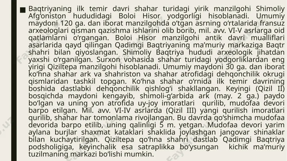 markazlariga aylanadi. afrosiyob qadimiyligi va ahamiyati jihatdan so‘g‘d manzilgohlari orasida yetakchi o‘rinni egallaydi. manzilgohda o‘tgan asrning 50-yillarning boshida arxeologik qazishma ishlar boshlangan. o‘tgan asrning oxirida olib borilgan qazishmalarda afrosiyoning dastlabki o‘zlashtirilgan davrga oid madaniy qatlami o‘rganilgan. manzilgohning quyi qatlamida (afrosiyob 0a) dastlab o‘zlashtirilgan davrda qurilgan yerto‘la uy-joylar ochilgan. ilk temir davrining dastlabki bosqichi oxirida yerto‘lalar yer ustida qurilgan uylar bilan almashadi. manzilgohning atrofida val-zichlangan tuproq devor o‘rab olinadi. keyingi bosqichida (afrosiyob 0b-mil.avv. viii-vii asrlar) eski devorning ustidan yassi-qavariq g‘ishtdan terilgan yangi mudofaa devori ko‘tarilib, 19 ga. maydoni egallagan joyda hozirgi samarqand shahrining birinchi o‘zagi shakllanadi. afrosiyob (afr i) taraqqiyotining keyingi bosqichida (mil.avv. vi-v asrlar) shaharning maydoni kengaygan, ichki tuzilishi murakkablashib, xom g‘ishtdan ko‘tarilgan yangi mudofaa devori qurilgan. shaharning antik davri manbalarida keltirilgan 219 gektarli maydoni shakllanishi nihoyasiga yetgan bo‘lishi mumkin. shimoliy parfiya aholisining asosiy mashg‘uloti sug‘orma dehqonchilik va hunarmandchilik bo‘lgan. dehqonchilikda asosan bug‘doy va arpa ekilgan. kotetdagdan oqib tushadigan kichik …