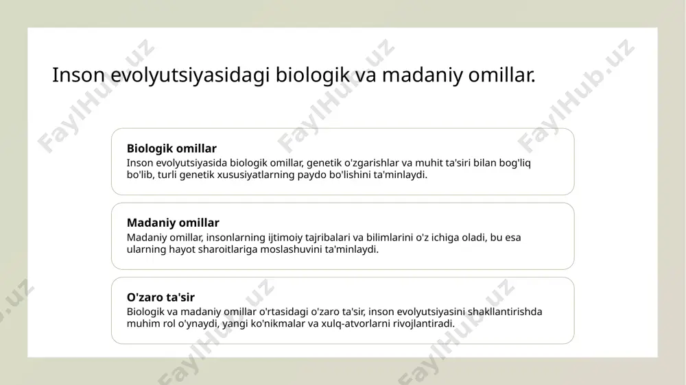 iy mexanizmlaridan biri sifatida ko'riladi, ular genetik o'zgarishlar va tabiiy tanlovni ta'kidlaydi. 02 madaniy taraqqiyot madaniy taraqqiyot, alekseevning fikriga ko'ra, insonning ijtimoiy va psixologik rivojlanishida muhim rol o'ynaydi, bu esa biologik omillarning rivojlanishiga ta'sir qiladi. 03 o'zaro ta'sir alekseev nazariyalarida biologik va madaniy taraqqiyot o'rtasidagi o'zaro ta'sir inson evolyutsiyasining murakkabligini ochib beradi, bu jarayonlar bir-birini mustahkamlovchi mexanizmlardir. xulosa 1 inson evolyutsiyasining asoslari inson evolyutsiyasi nazariyalarining asosiy jihatlari biologik va madaniy omillarni birlashgan holda tushunishga yordam beradi. bu jarayonlar o'zaro bog'liq. 2 alekseev gipotezalari v.p. alekseevning gipotezalari inson evolyutsiyasidagi biologik va madaniy taraqqiyotning ahamiyatini ta'kidlaydi, bu esa yangi yondashuvlarni yaratishga imkon beradi. 3 o'zaro aloqalar va jarayonlar biologik va madaniy taraqqiyot o'rtasidagi o'zaro munosabatlar evolyutsion jarayonlarni yanada chuqurroq tushunishga yordam beradi, bu esa butun evolyutsiya nazariyasini boyitadi. foydalanilgan adabiyotlar 1. alekseev, v.p. inson evolyutsiyasi mexanizmlari. o'zbekiston fanlar akademiyasi, 2020 2. murodov, t. antropogenez va inson taraqqiyoti. o'zbekiston milliy universiteti, 2021 3. …